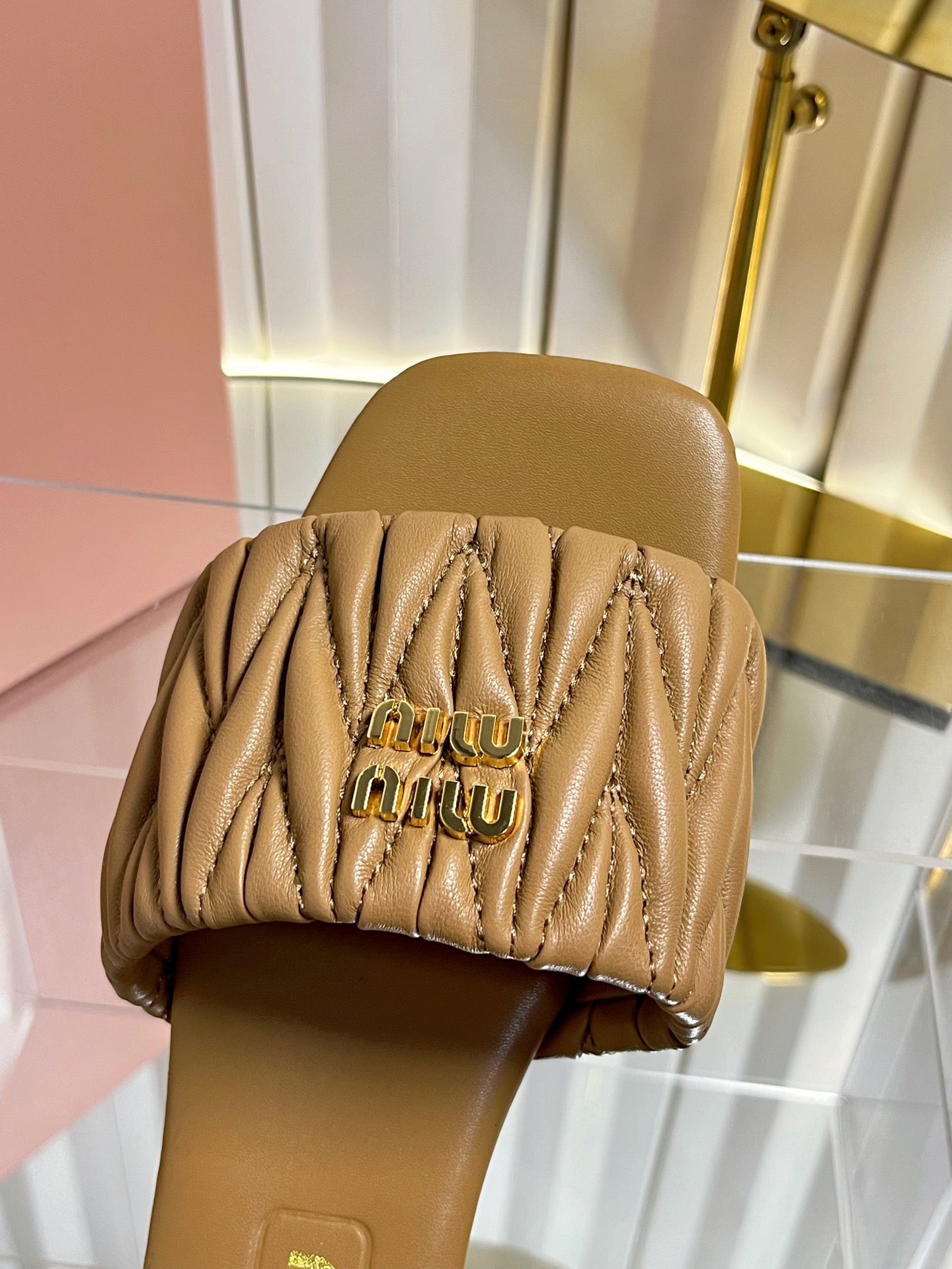Miumiu 26s Matelasse Slides In Black Calfskin Gold Hardware