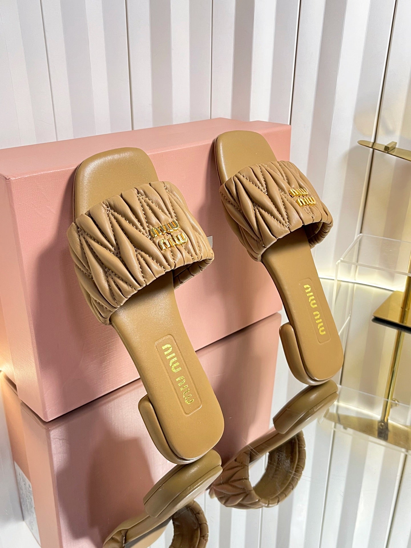 Miumiu 26s Matelasse Slides In Black Calfskin Gold Hardware
