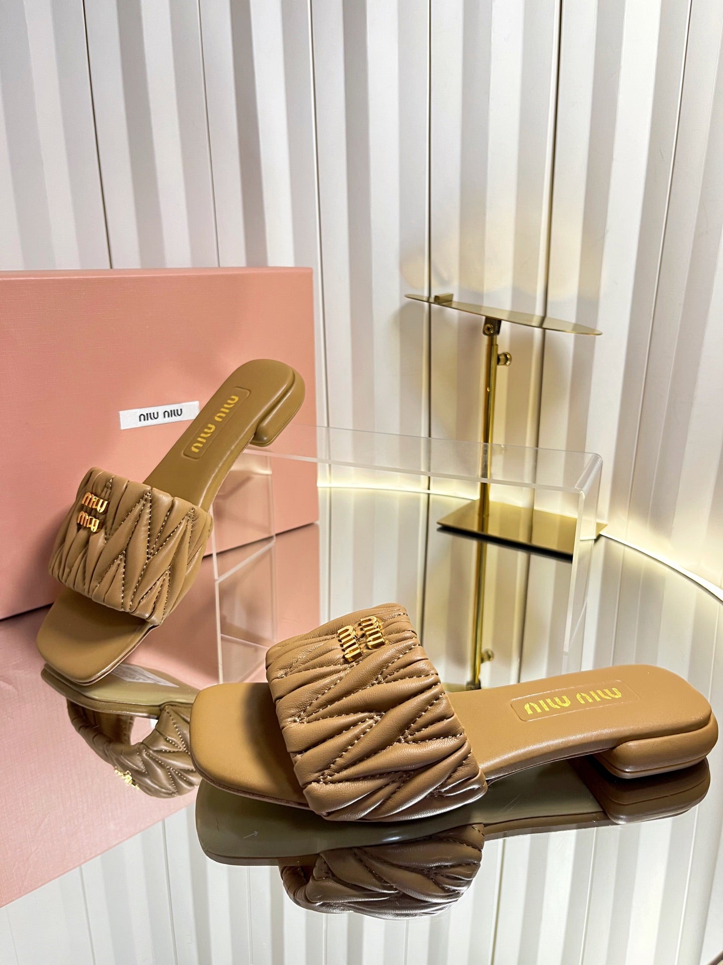 Miumiu 26s Matelasse Slides In Black Calfskin Gold Hardware