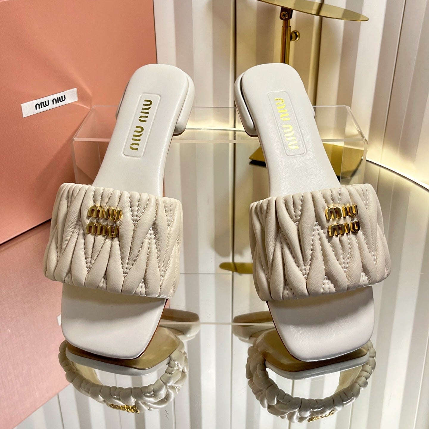 Miumiu 26s Matelasse Slides In Light Beige Calfskin Gold Hardware