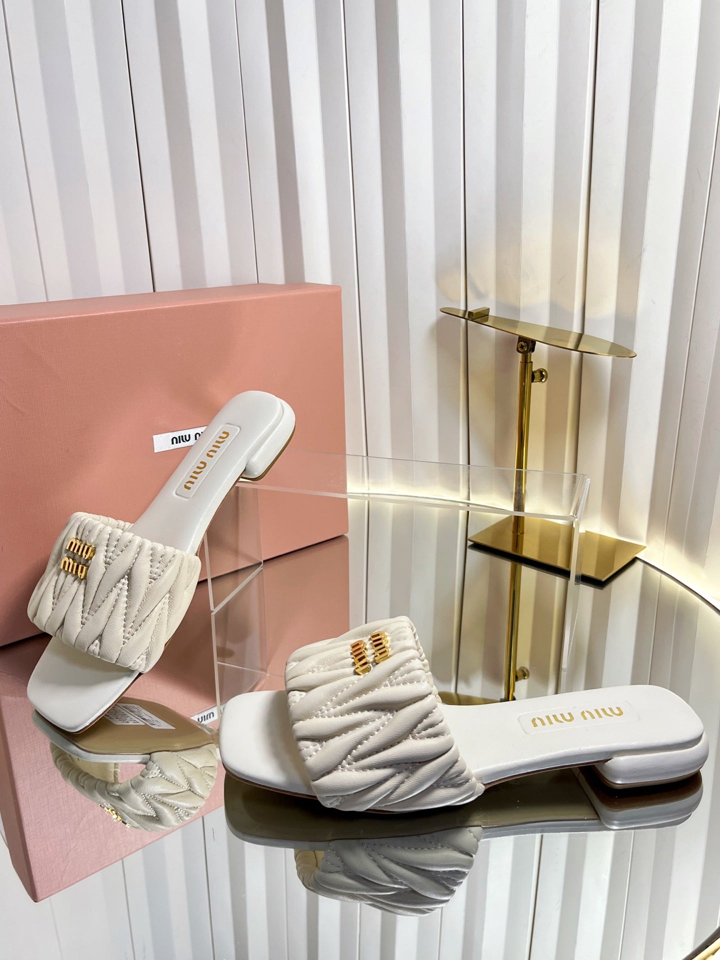 Miumiu 26s Matelasse Slides In Light Beige Calfskin Gold Hardware