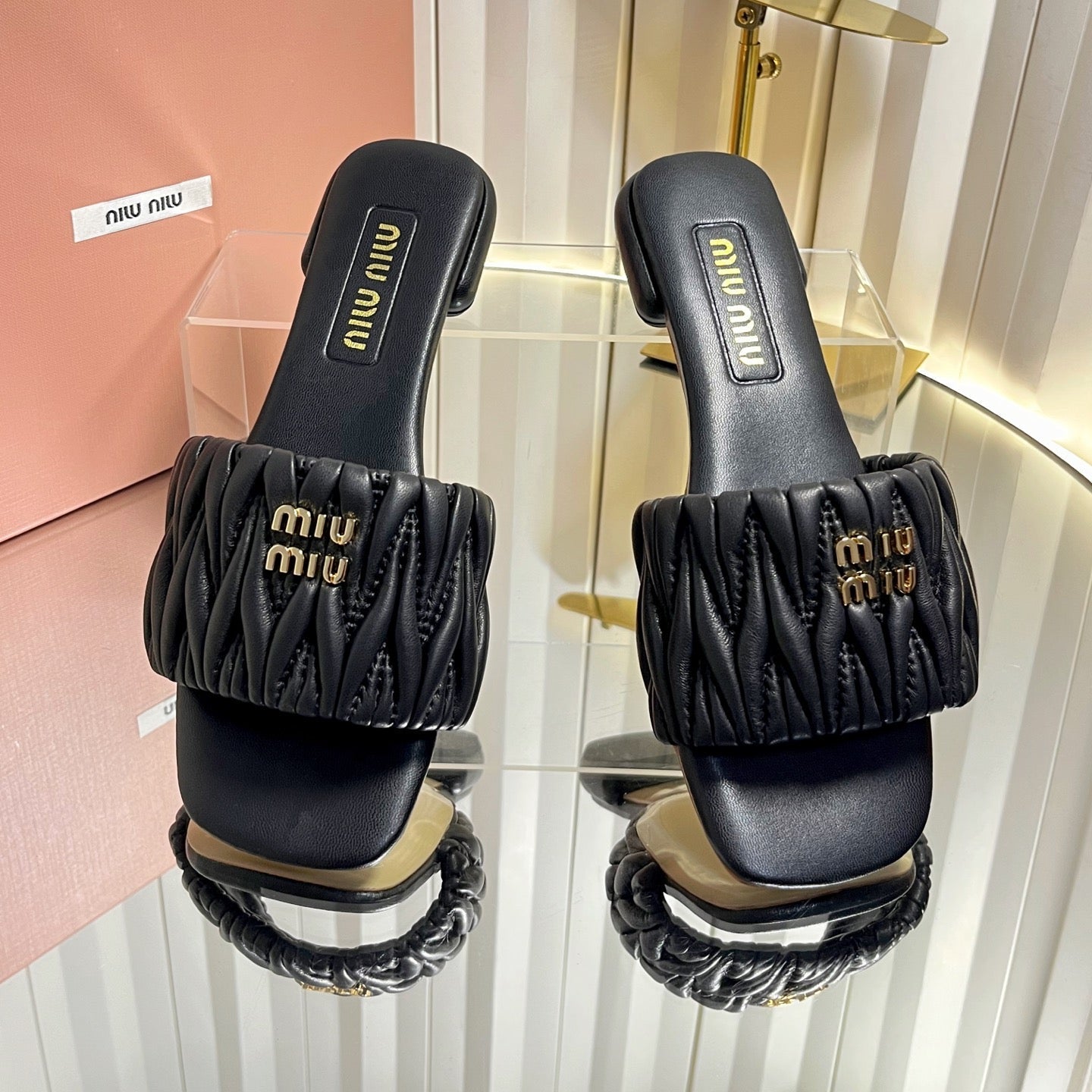 Miumiu 26s Matelasse Slides In Black Calfskin Gold Hardware