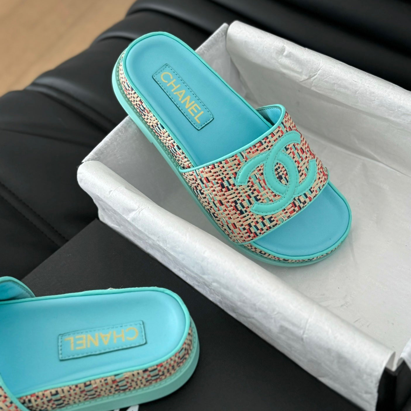 Chanel 26s Slippers Sheepskin Azure Blue