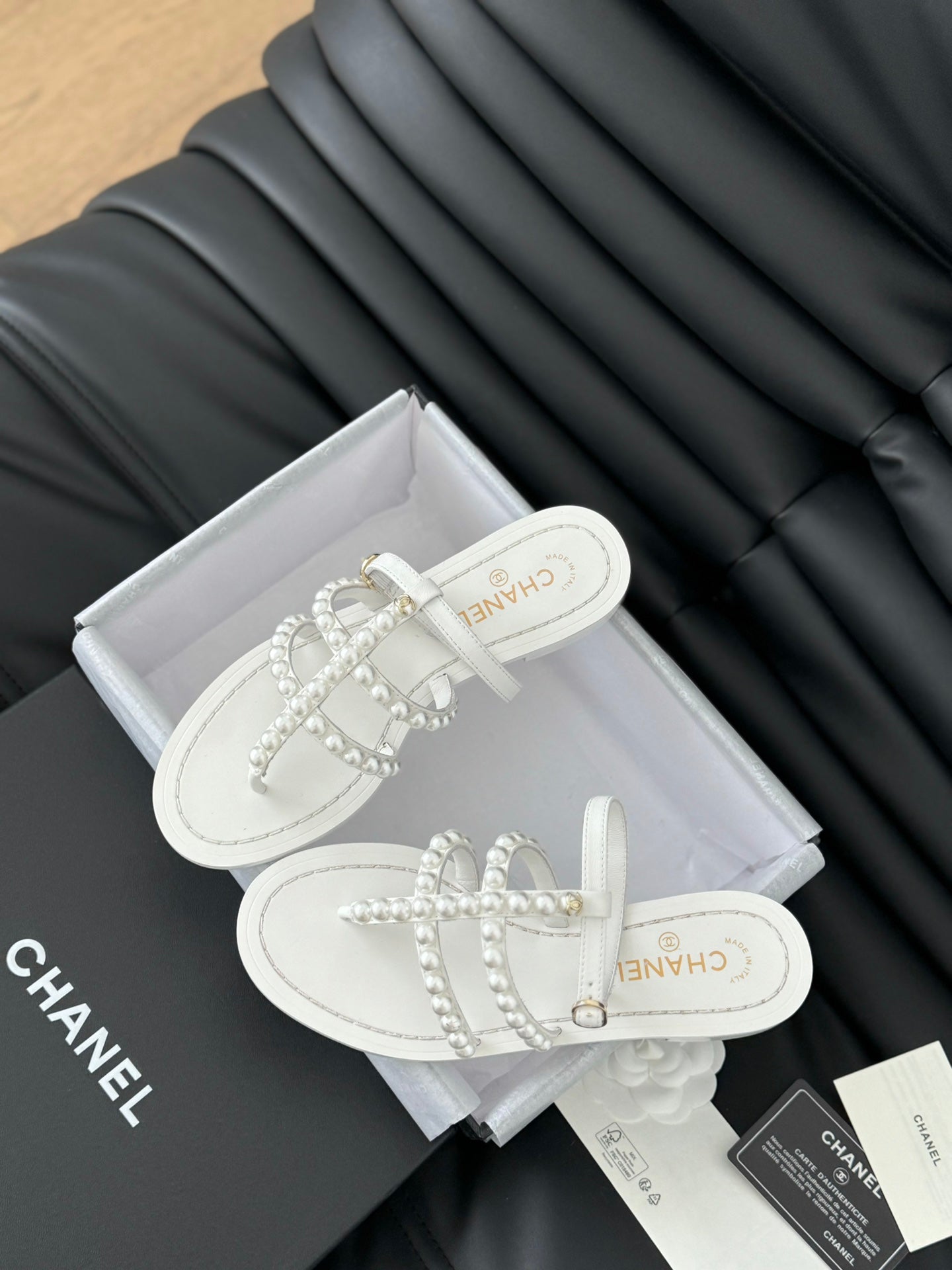 CC 26s Mule Slippers With Pearl Chain White Lambskin