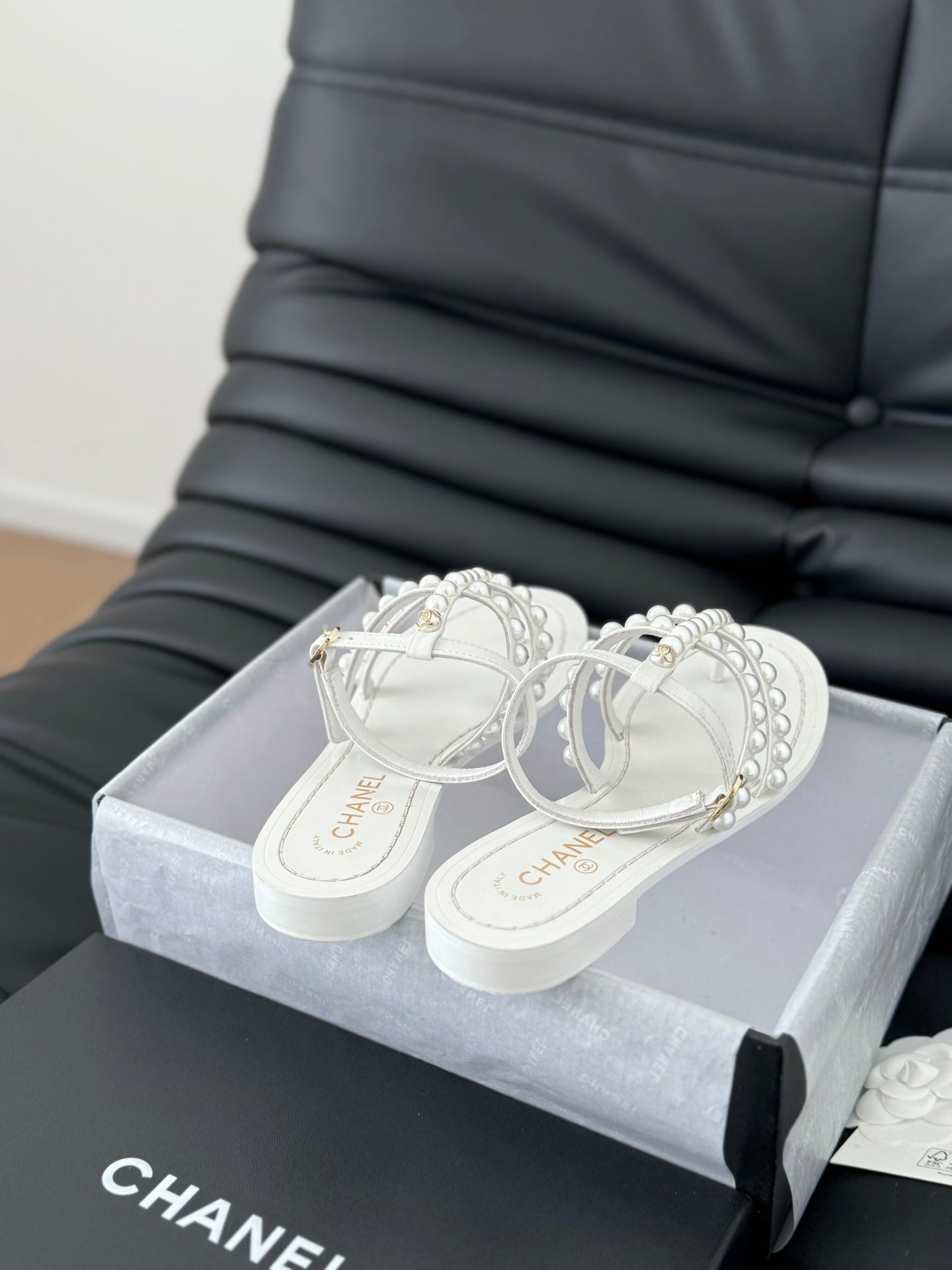 CC 26s Mule Slippers With Pearl Chain White Lambskin