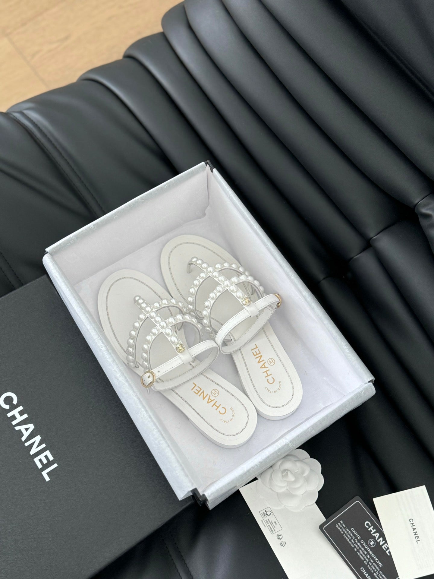 CC 26s Mule Slippers With Pearl Chain White Lambskin