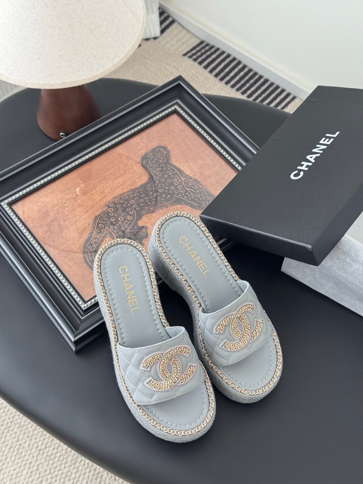 CC Wedge Heels In Beau Blue Calfskin Mix Chain Base