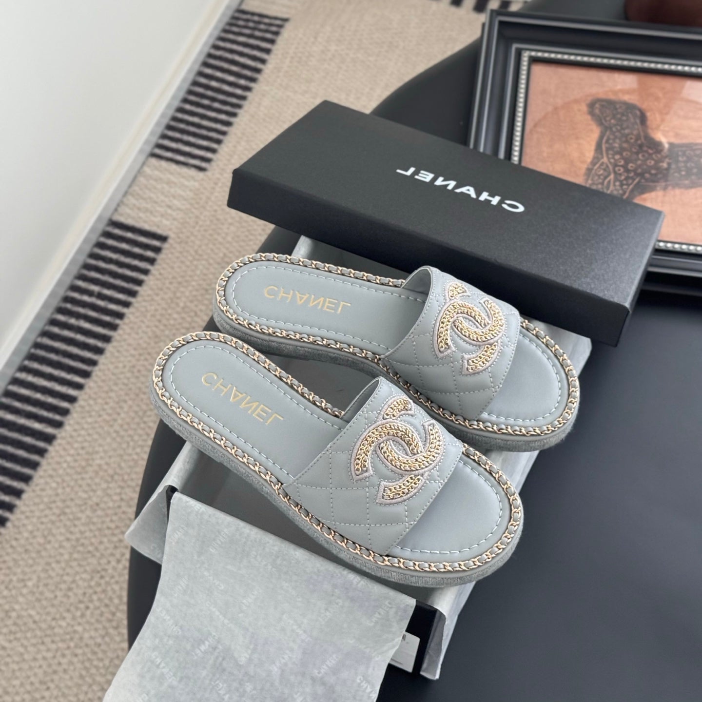 CC Slipper In Beau Blue Calfskin Mix Chain Base