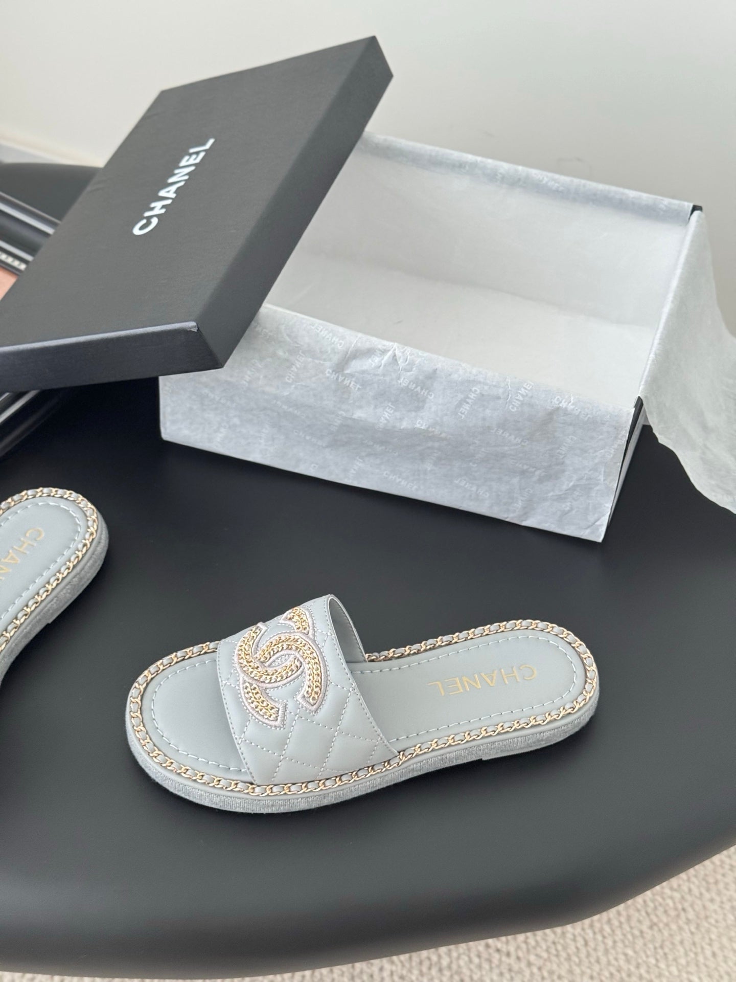 CC Slipper In Beau Blue Calfskin Mix Chain Base