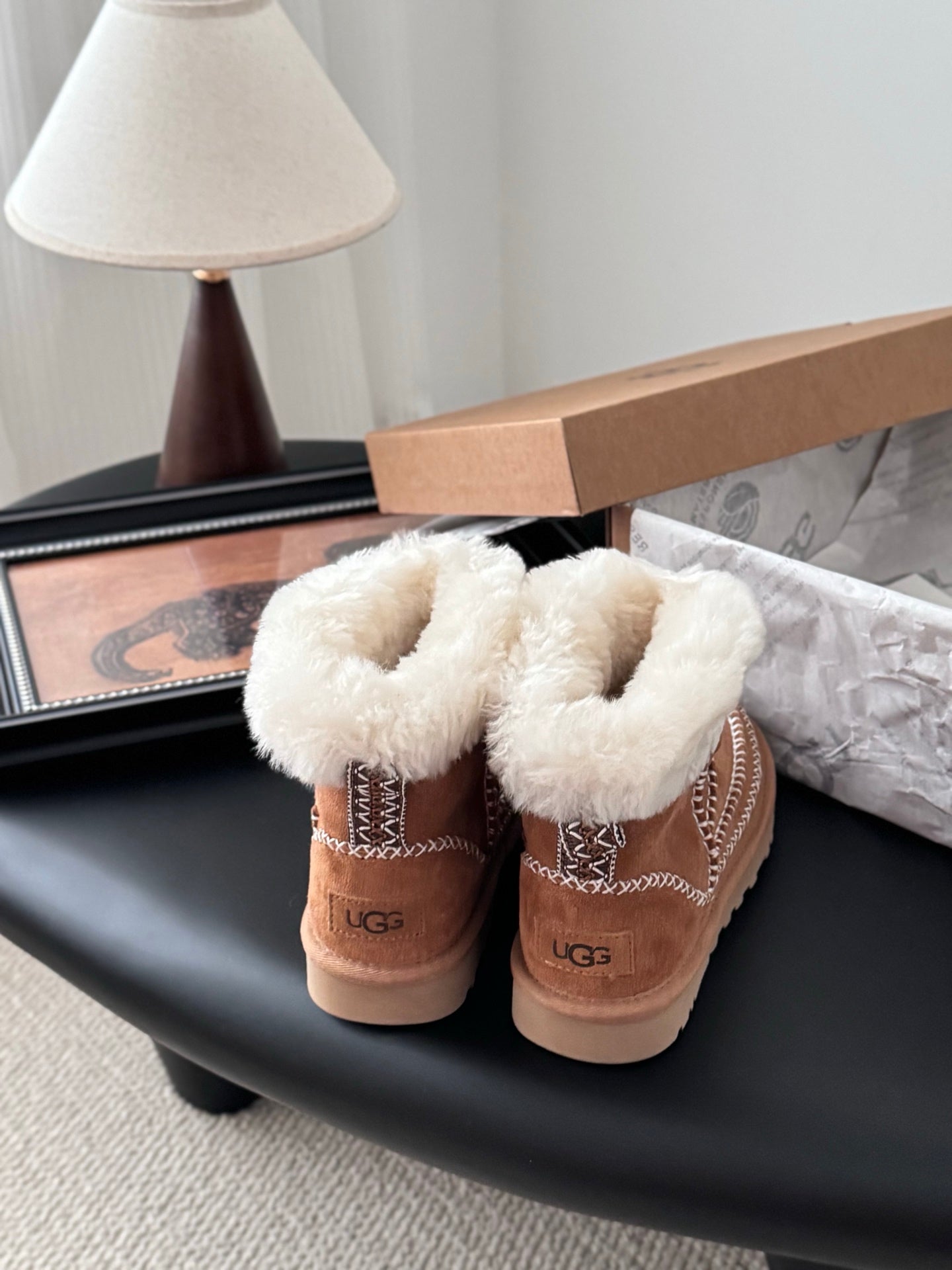 UGG Classic Ultra Mini Alpine Boots Brown White Wool Suede 508049