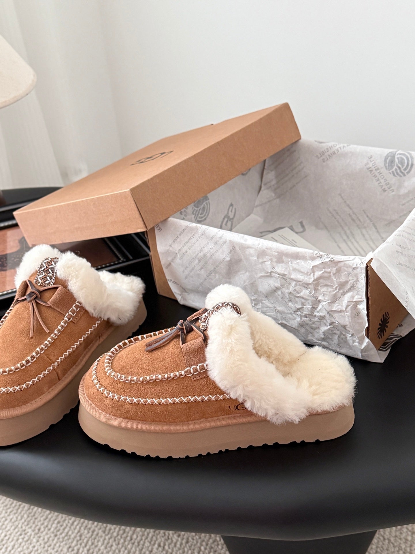 UGG Tasman Alpine Slippers Brown White Wool Suede 508056