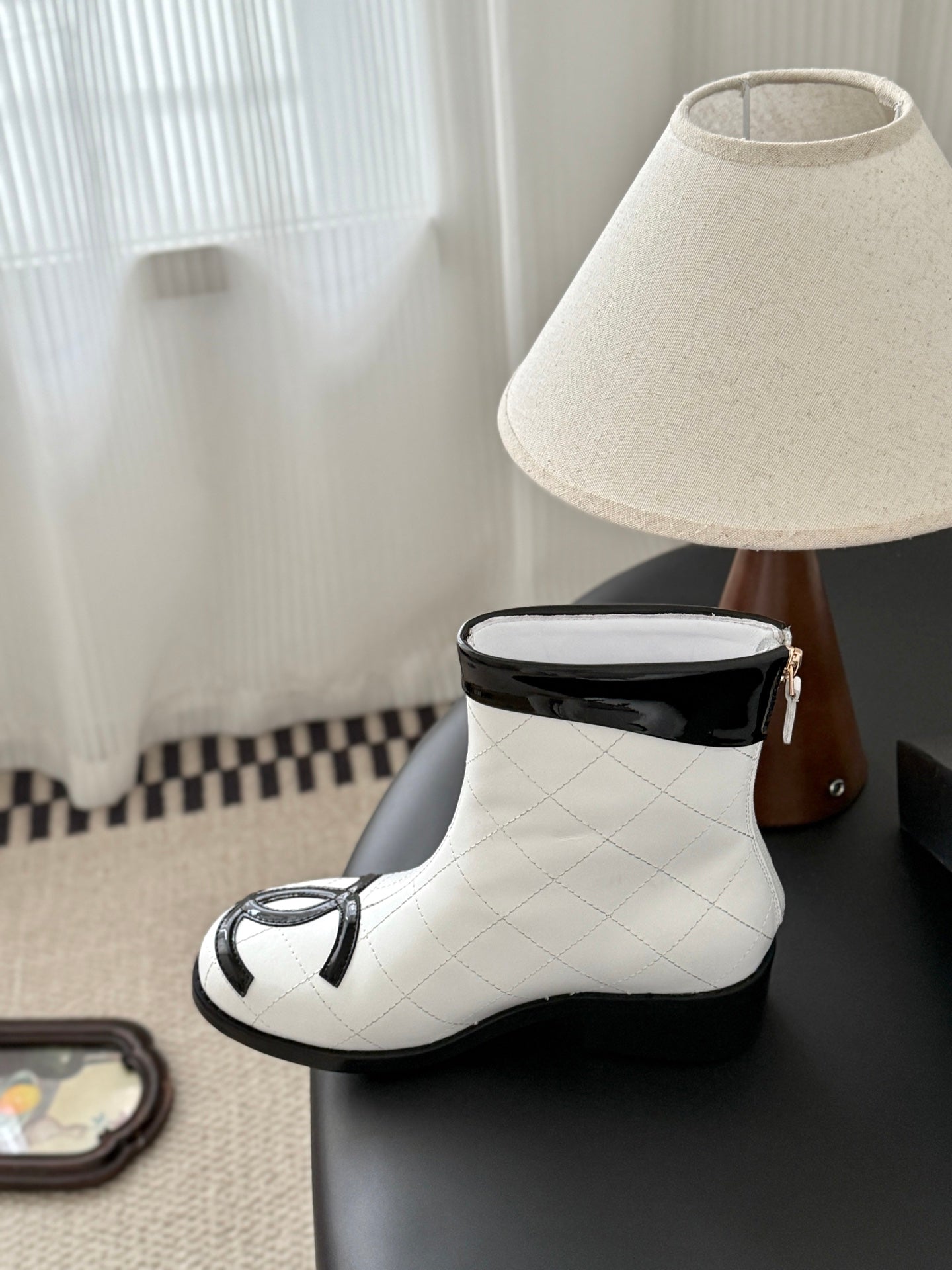 CC Cambon Ankle Boots Black White Cowhide Patent Leather 540762