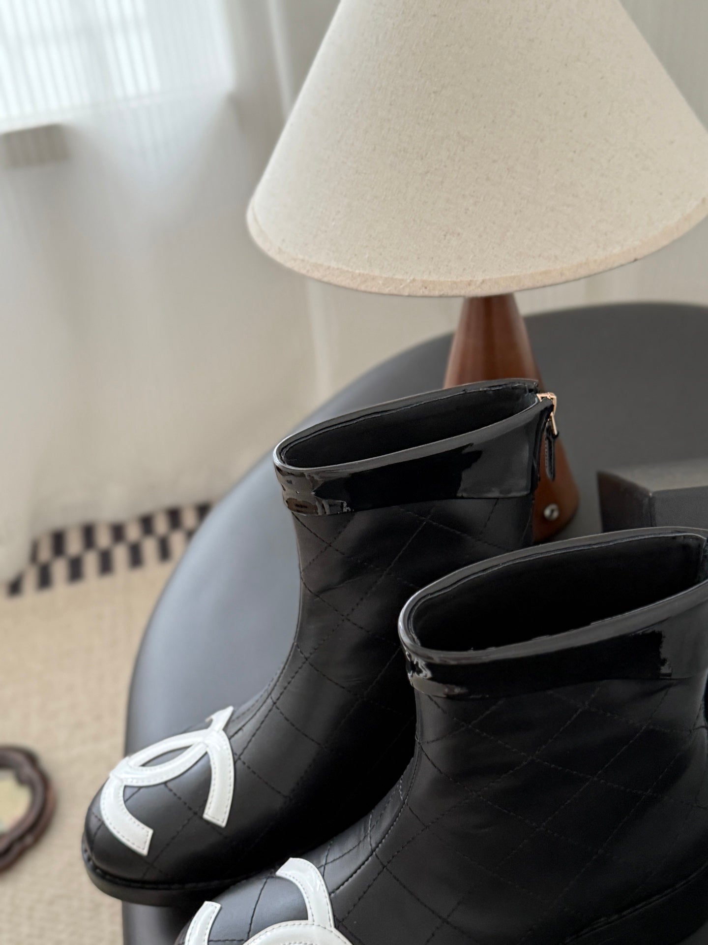 CC Cambon Ankle Boots Black White Cowhide Patent Leather 540763