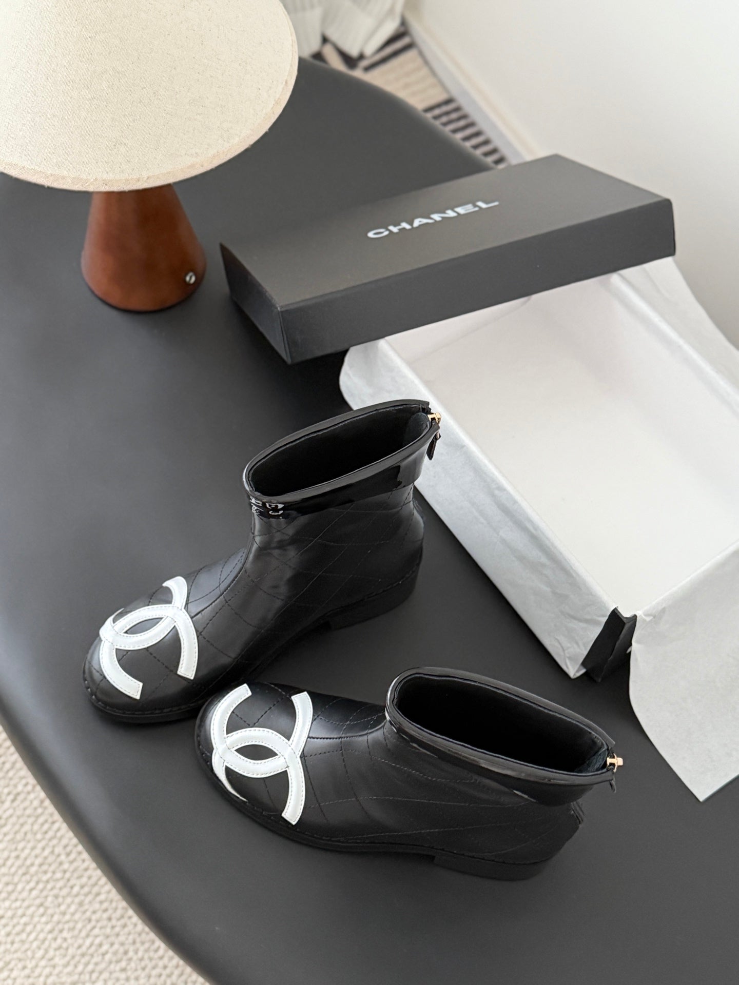 CC Cambon Ankle Boots Black White Cowhide Patent Leather 540763