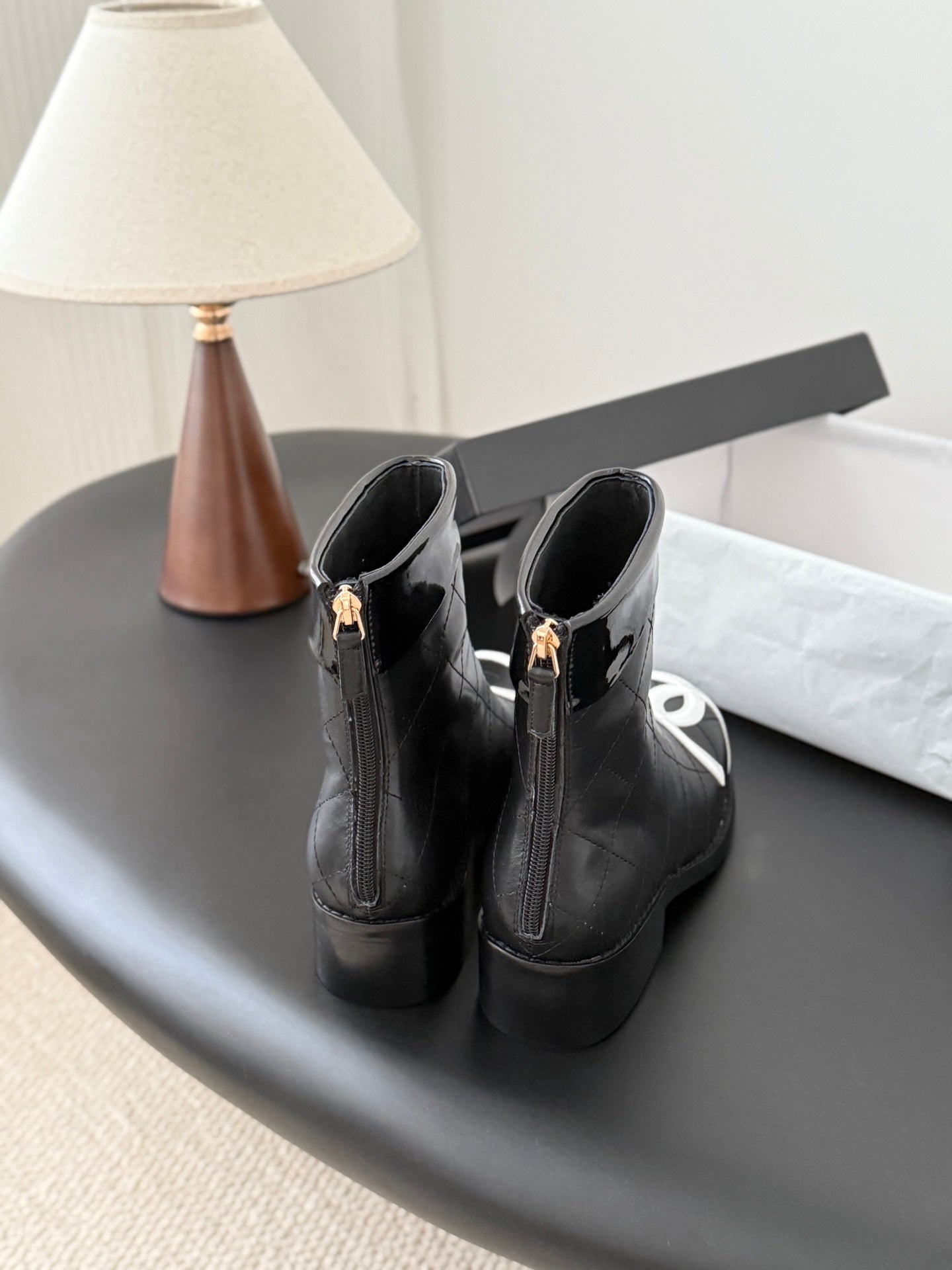 CC Cambon Ankle Boots Black White Cowhide Patent Leather 540763