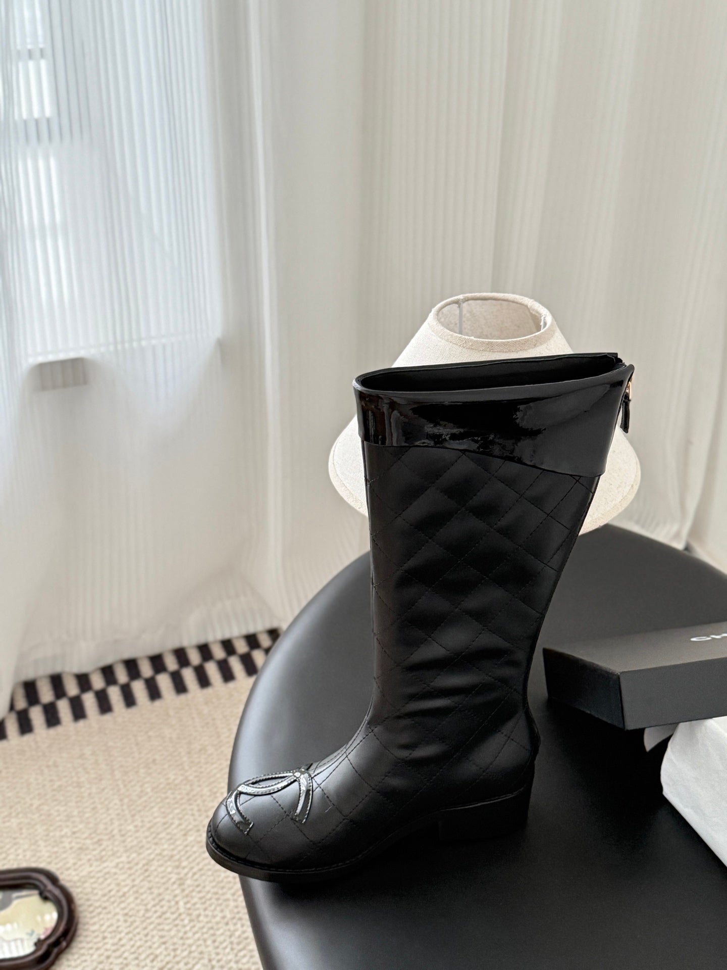 CC Cambon Mid-Calf Boots Black Cowhide Patent Leather 540765
