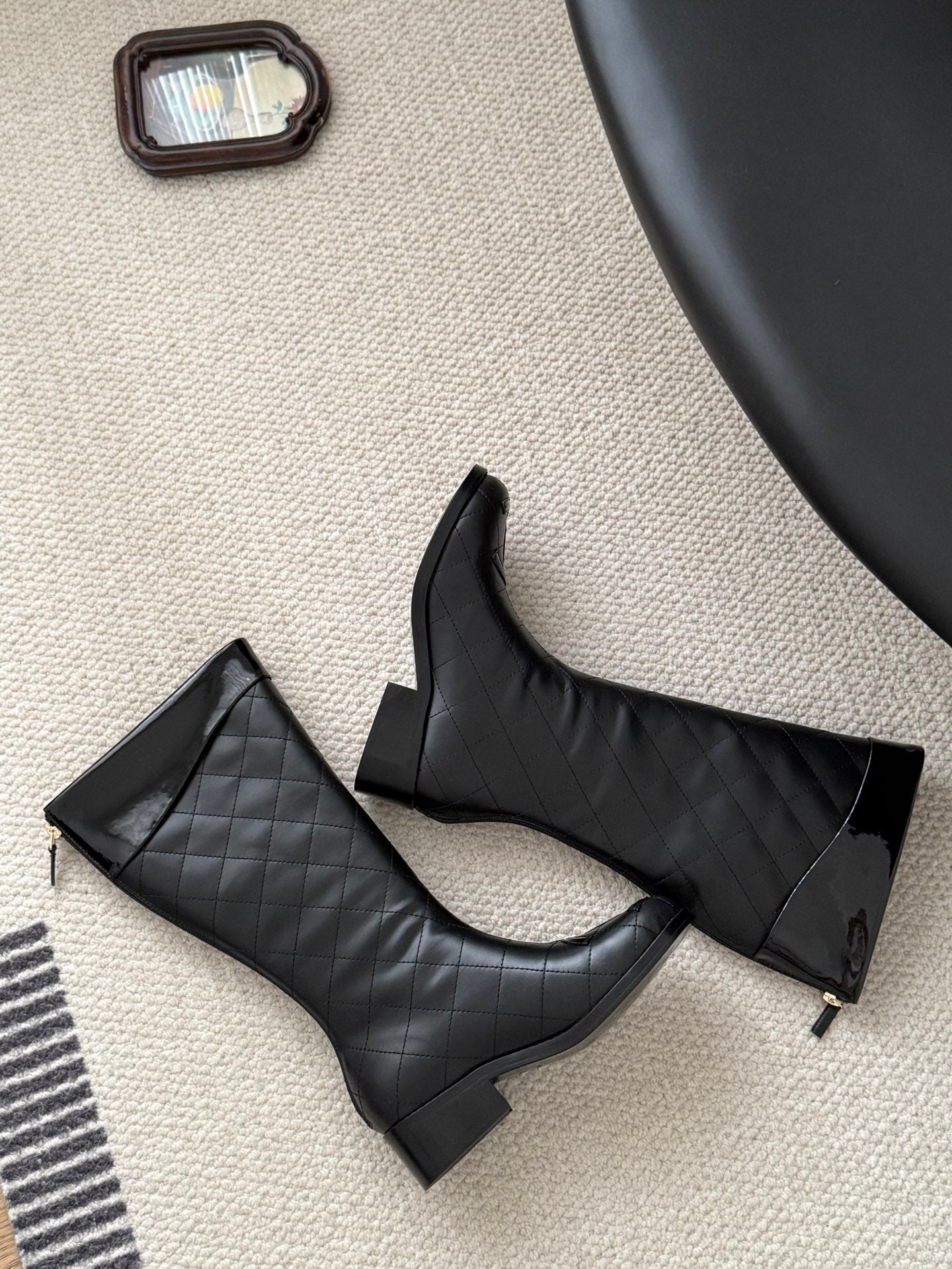 CC Cambon Mid-Calf Boots Black Cowhide Patent Leather 540765