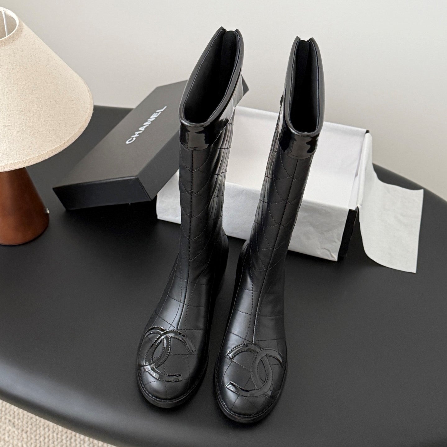 CC Cambon Mid-Calf Boots Black Cowhide Patent Leather 540765