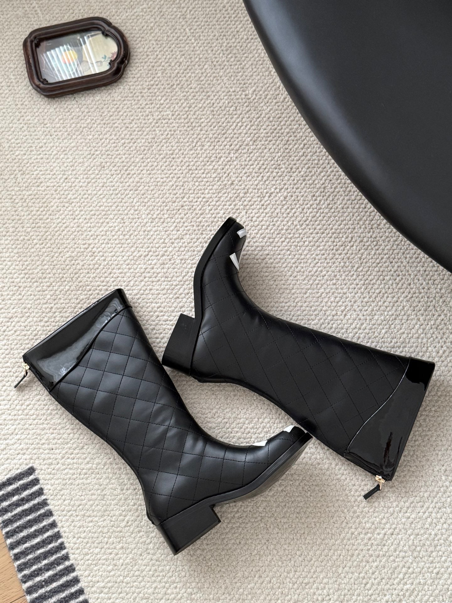 CC Cambon Mid-Calf Boots Black White Cowhide Patent Leather 540766