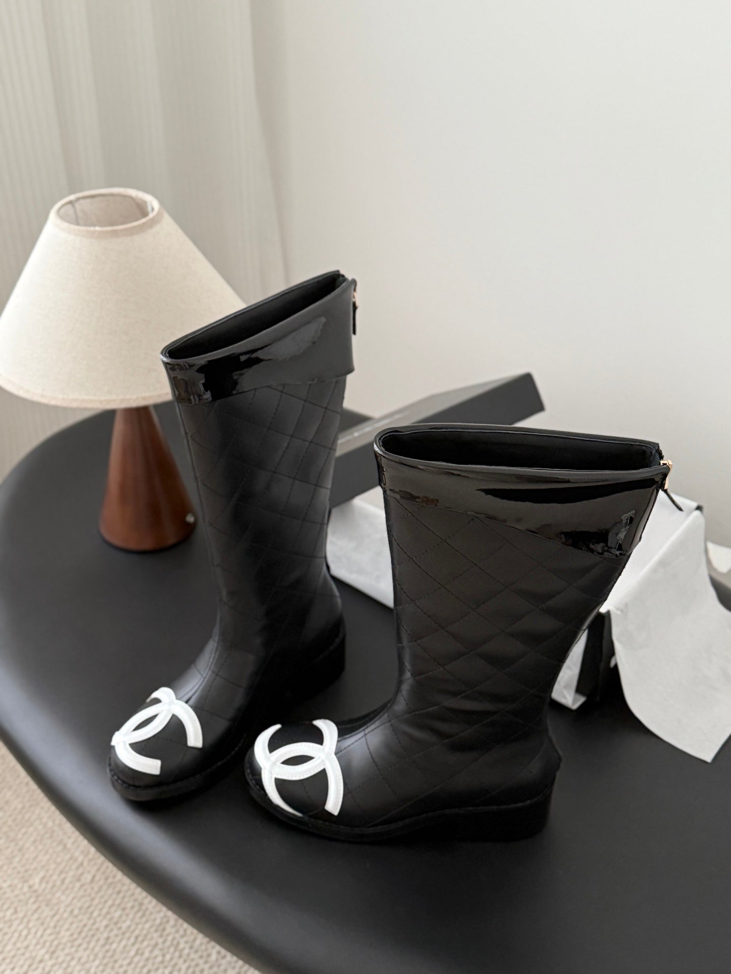 CC Cambon Mid-Calf Boots Black White Cowhide Patent Leather 540766