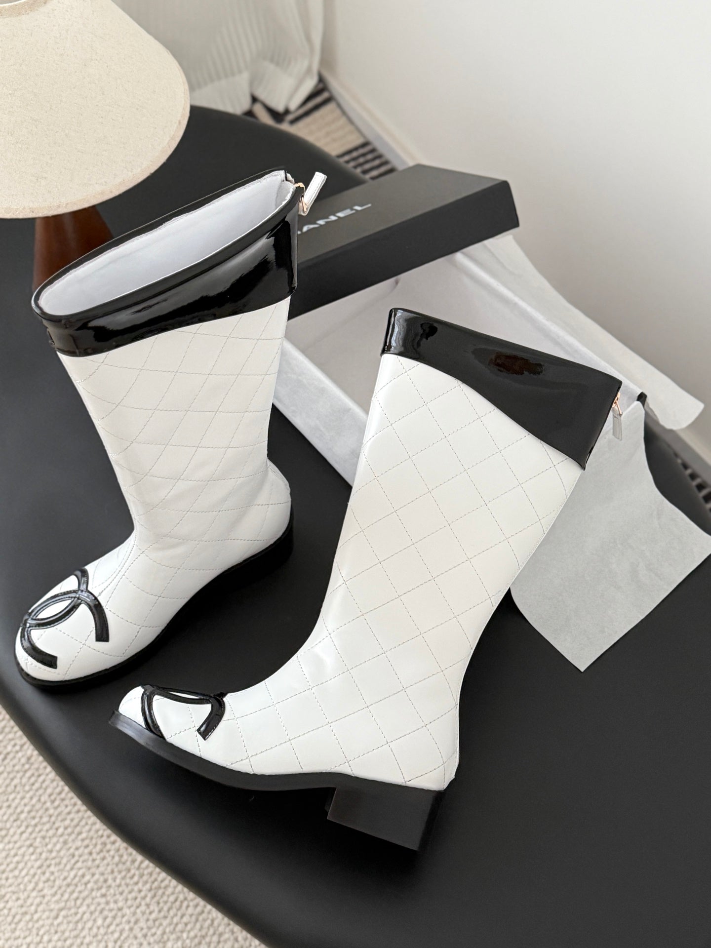 CC Cambon Mid-Calf Boots Black White Cowhide Patent Leather 540767