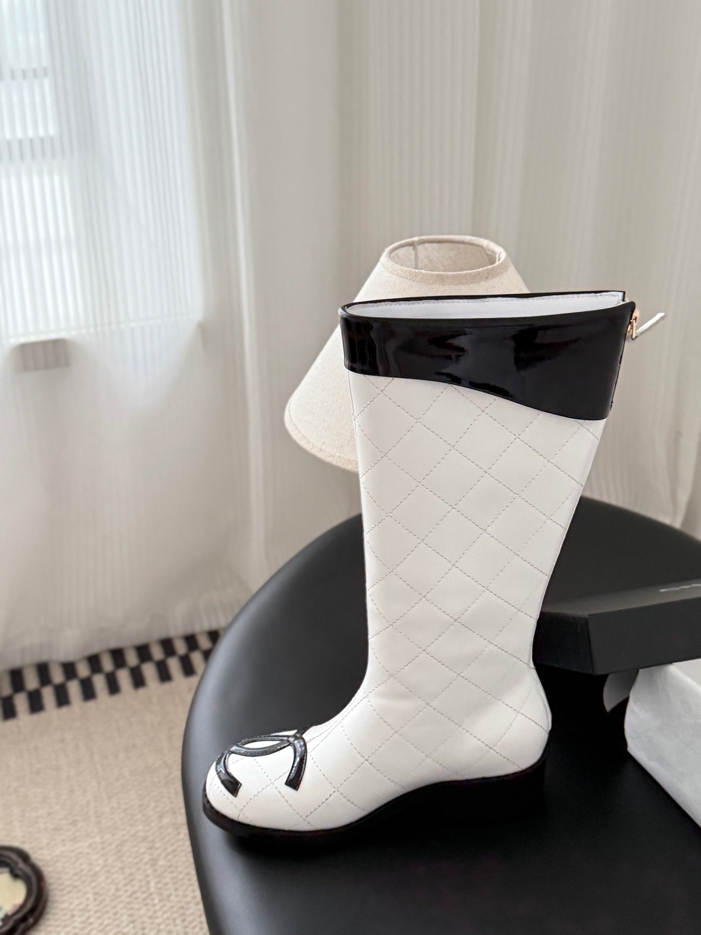 CC Cambon Mid-Calf Boots Black White Cowhide Patent Leather 540767