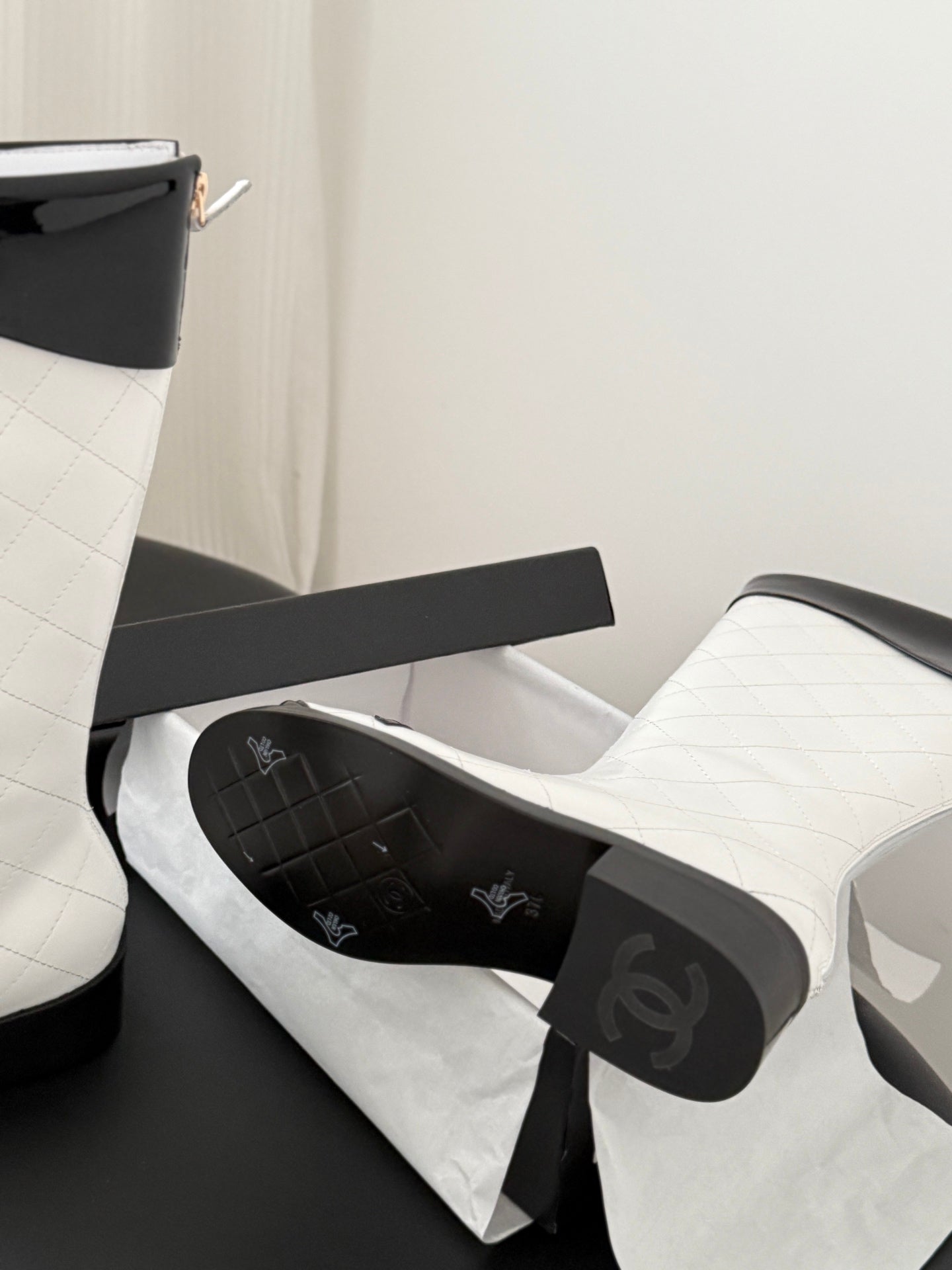 CC Cambon Mid-Calf Boots Black White Cowhide Patent Leather 540767