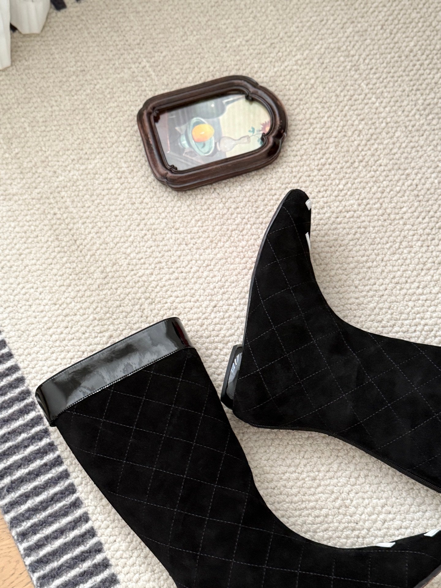 CC Cambon Mid-Calf Boots Black White Suede Patent Leather 540769