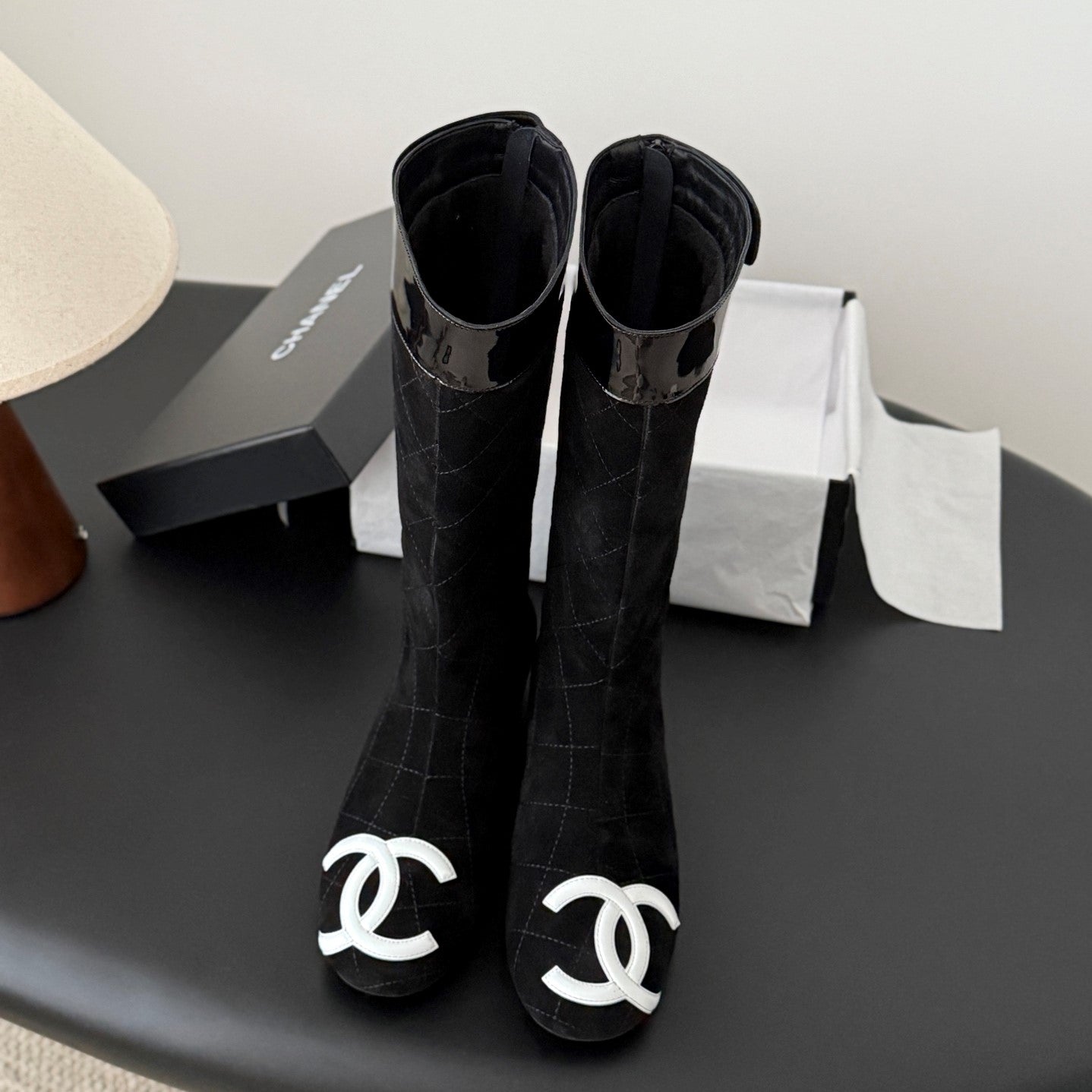CC Cambon Mid-Calf Boots Black White Suede Patent Leather 540769