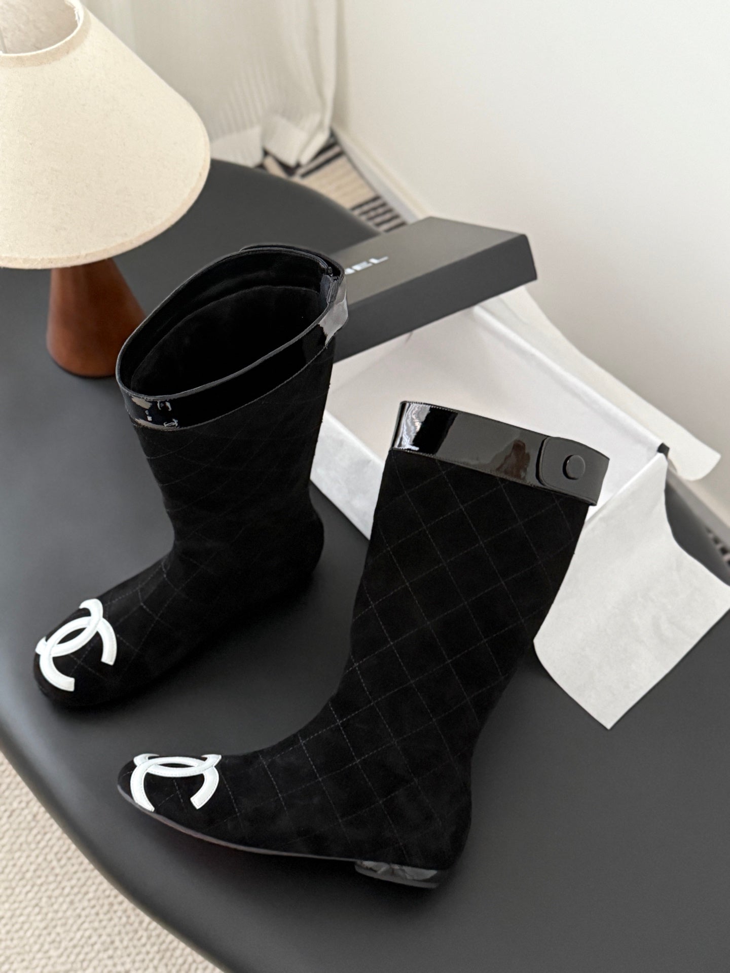 CC Cambon Mid-Calf Boots Black White Suede Patent Leather 540769