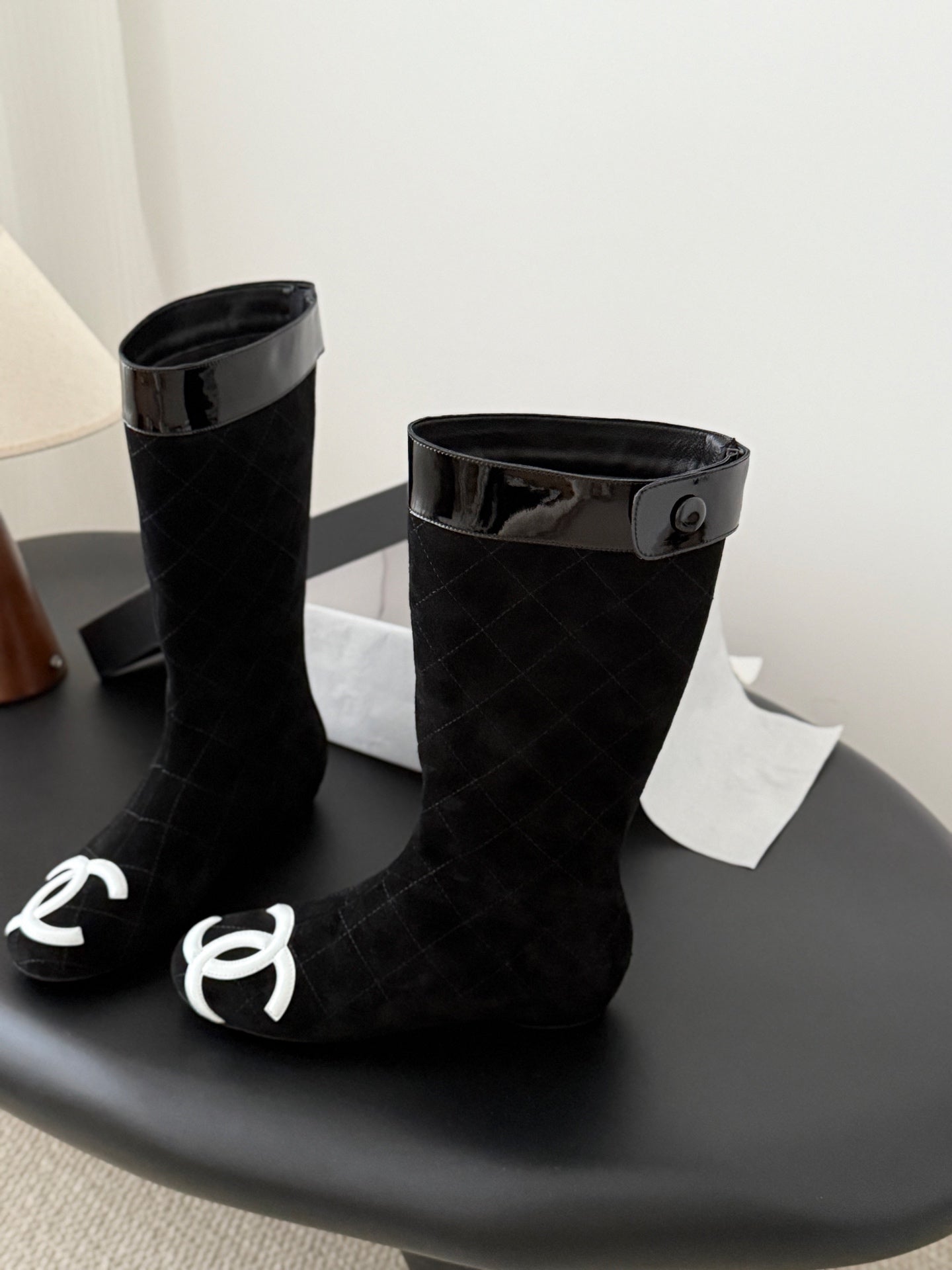 CC Cambon Mid-Calf Boots Black White Suede Patent Leather 540769