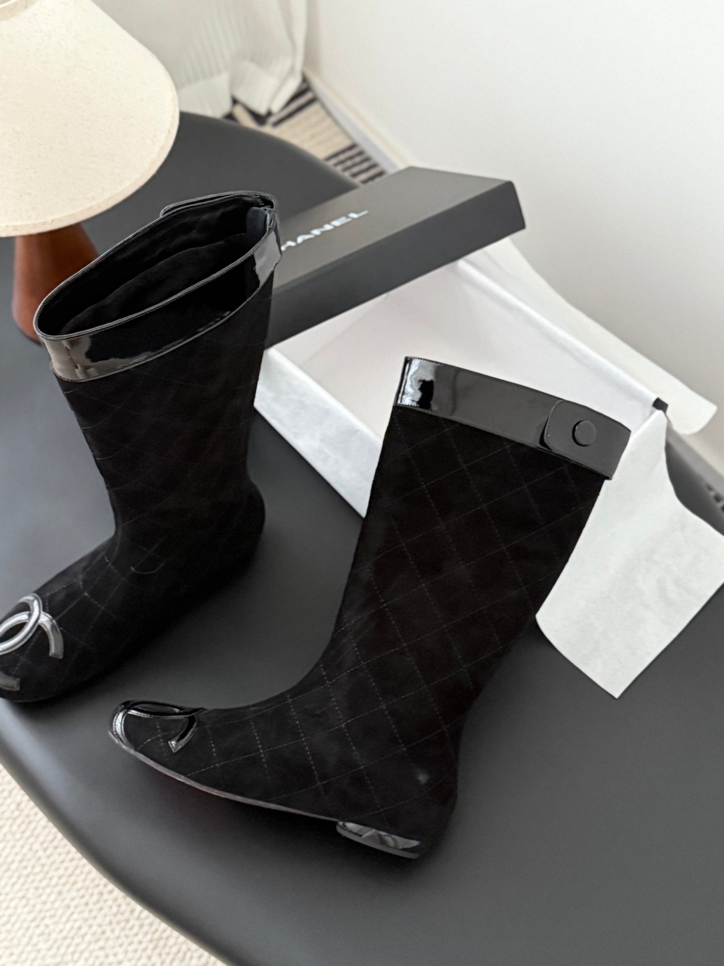 CC Cambon Mid-Calf Boots Black Suede Patent Leather 540770