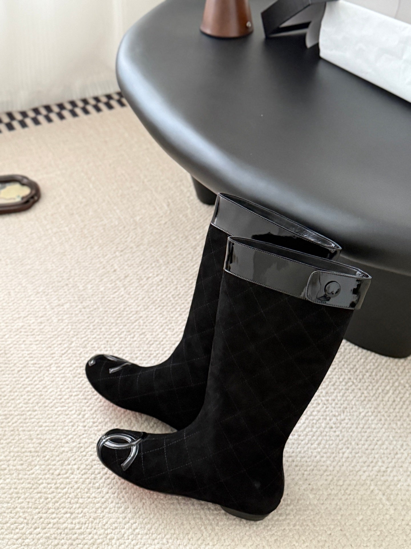 CC Cambon Mid-Calf Boots Black Suede Patent Leather 540770