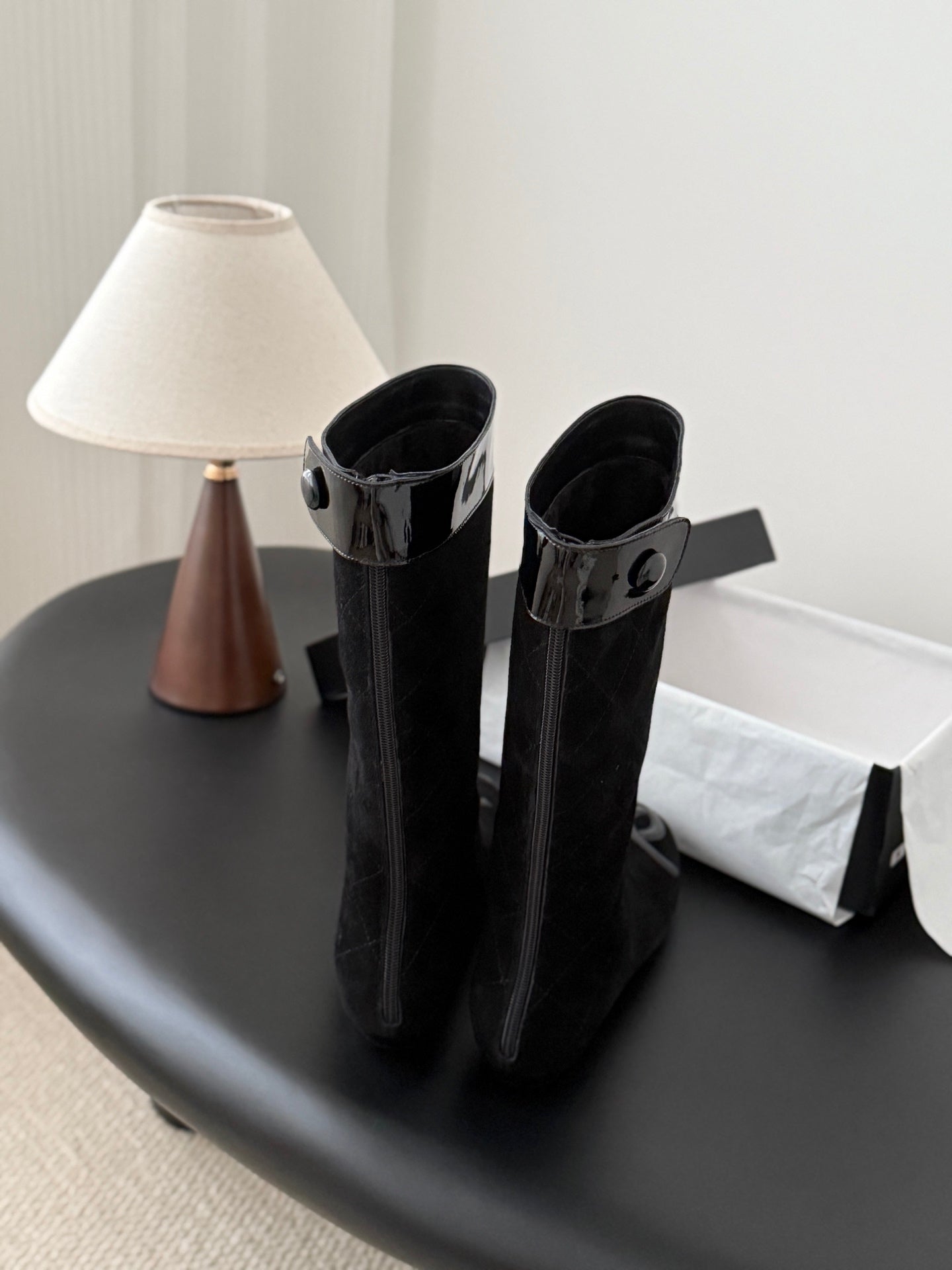 CC Cambon Mid-Calf Boots Black Suede Patent Leather 540770