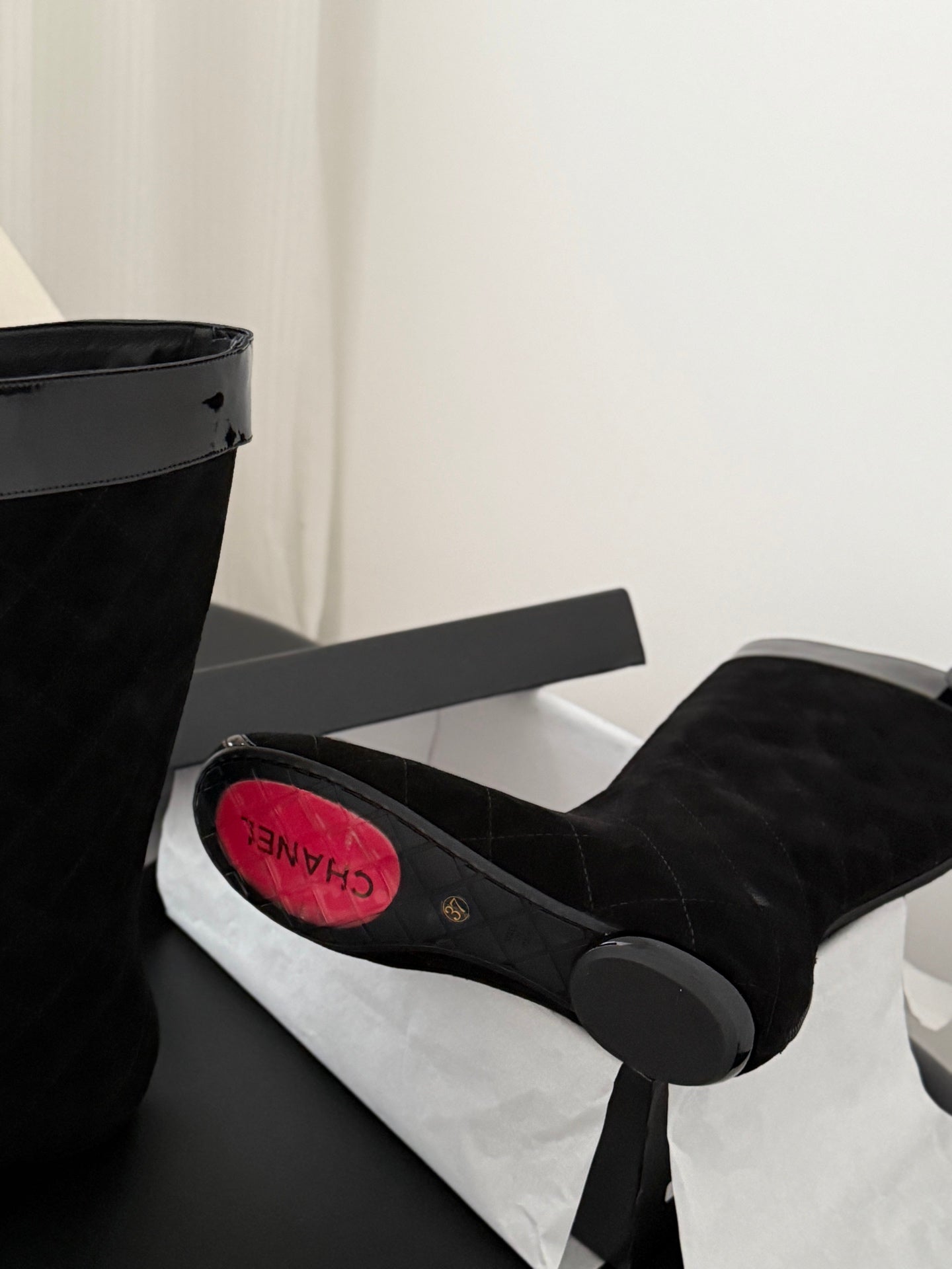 CC Cambon Mid-Calf Boots Black Suede Patent Leather 540770