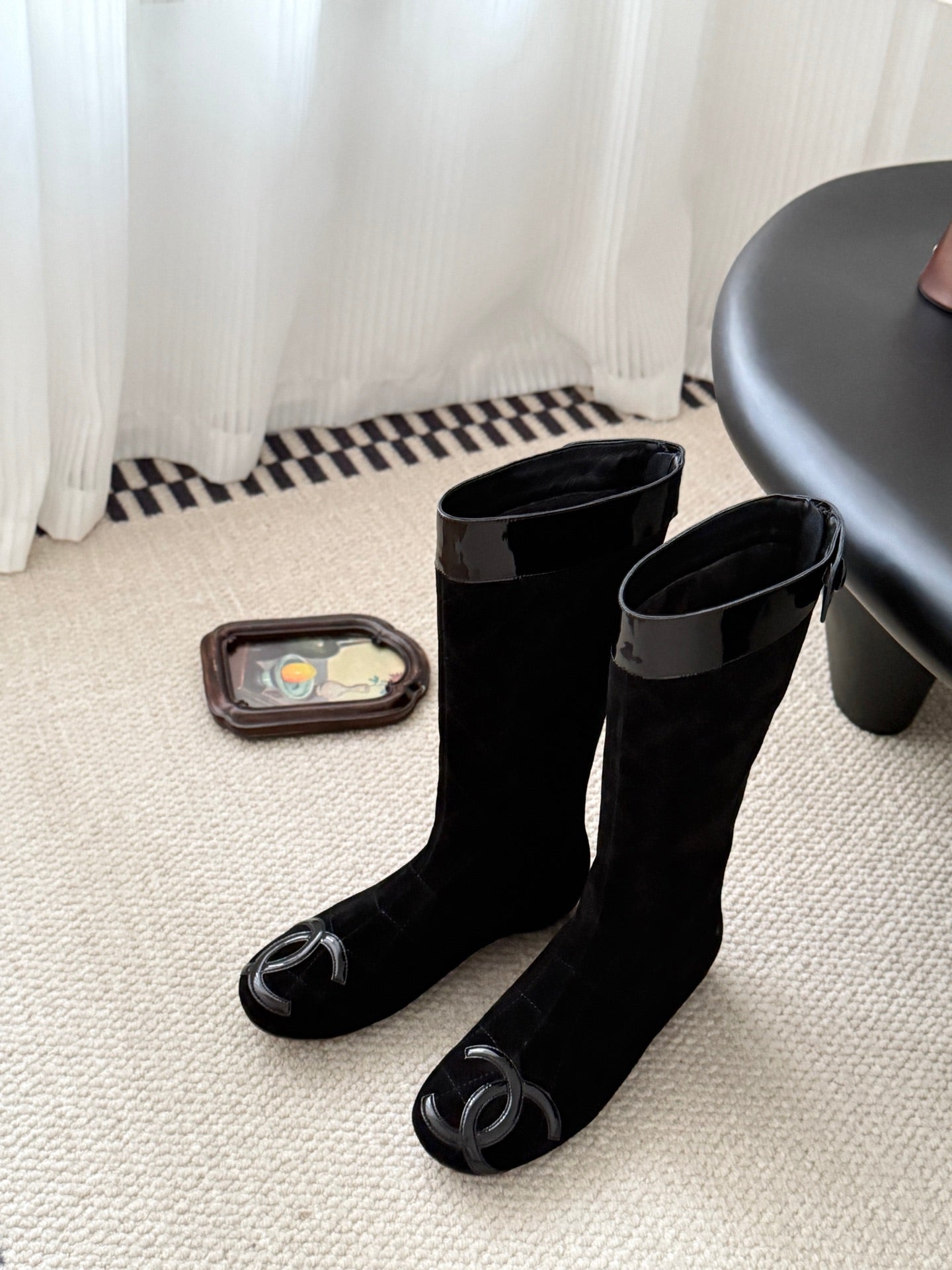 CC Cambon Mid-Calf Boots Black Suede Patent Leather 540770