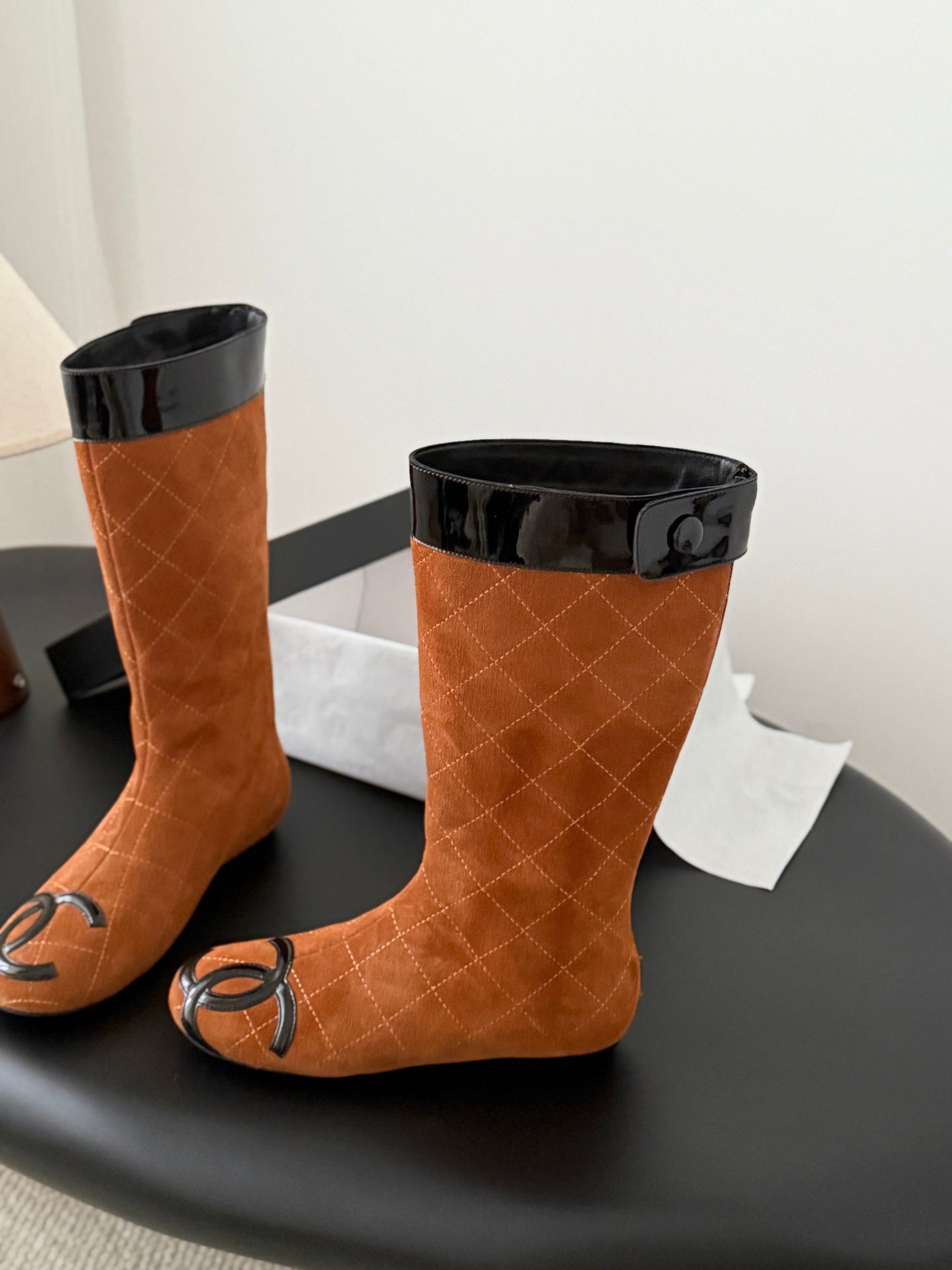CC Cambon Mid-Calf Boots Brown Black Suede Patent Leather 540771