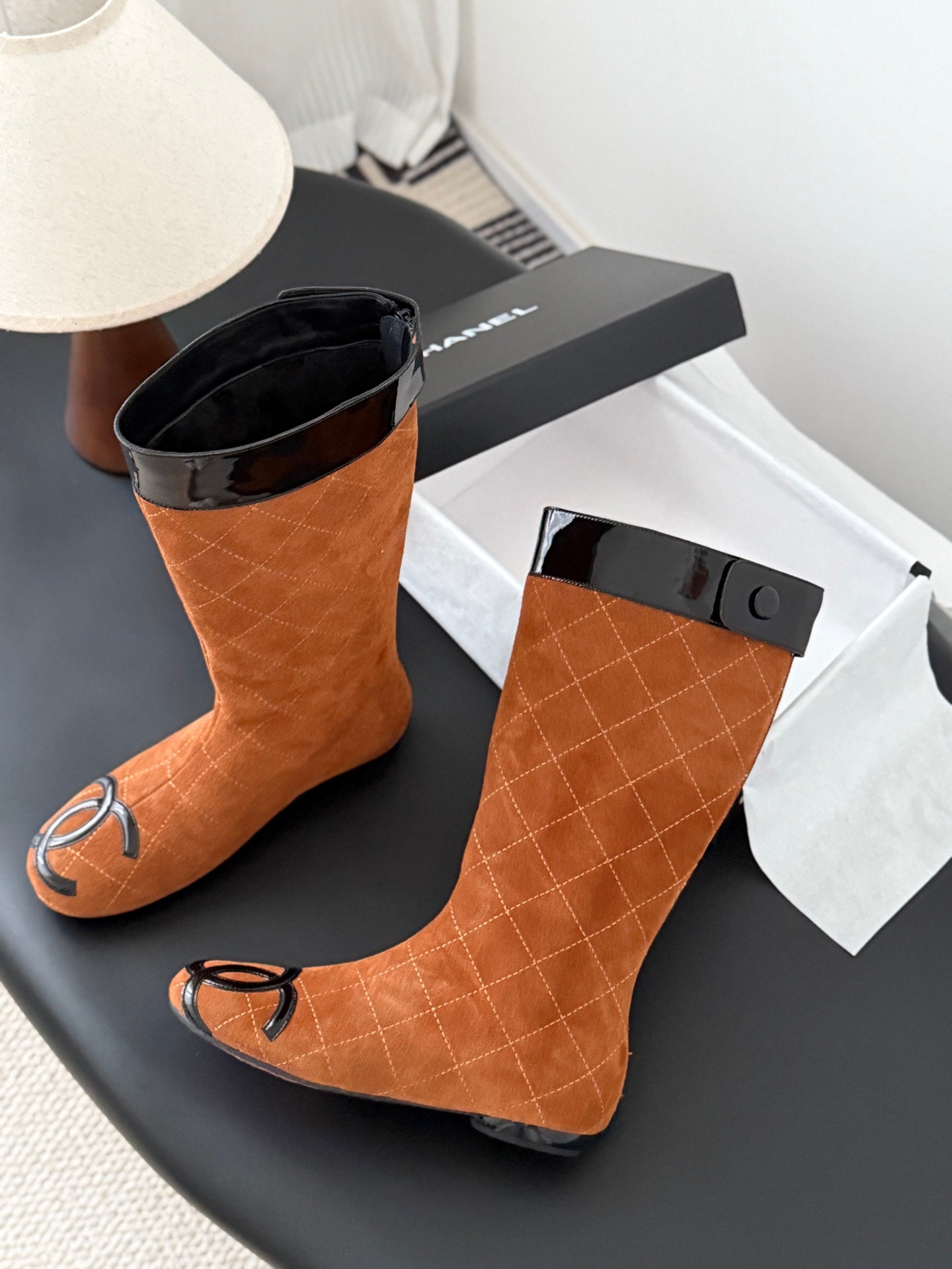CC Cambon Mid-Calf Boots Brown Black Suede Patent Leather 540771