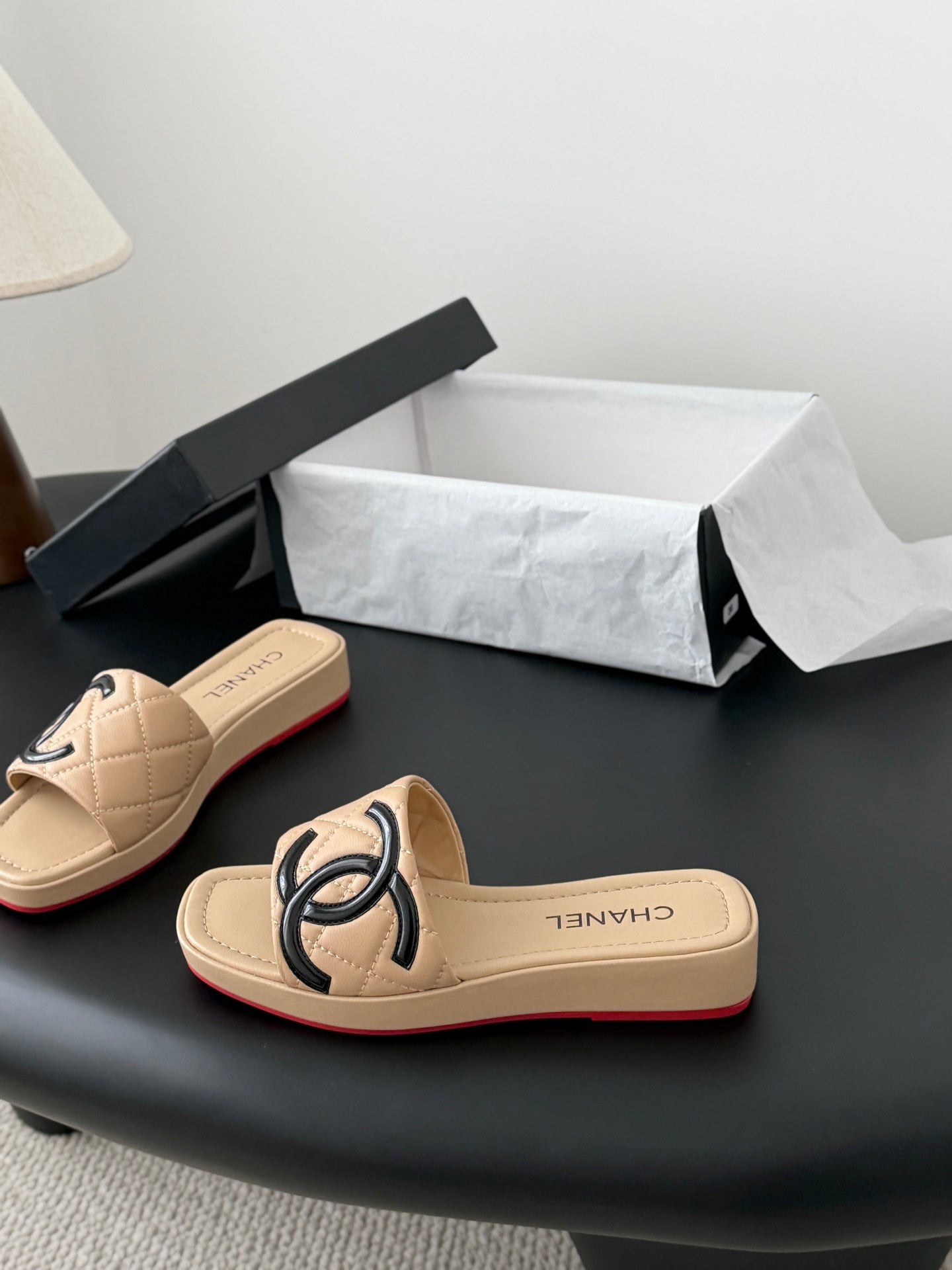 CC 26K Cambon Slippers Beige Lambskin 670826