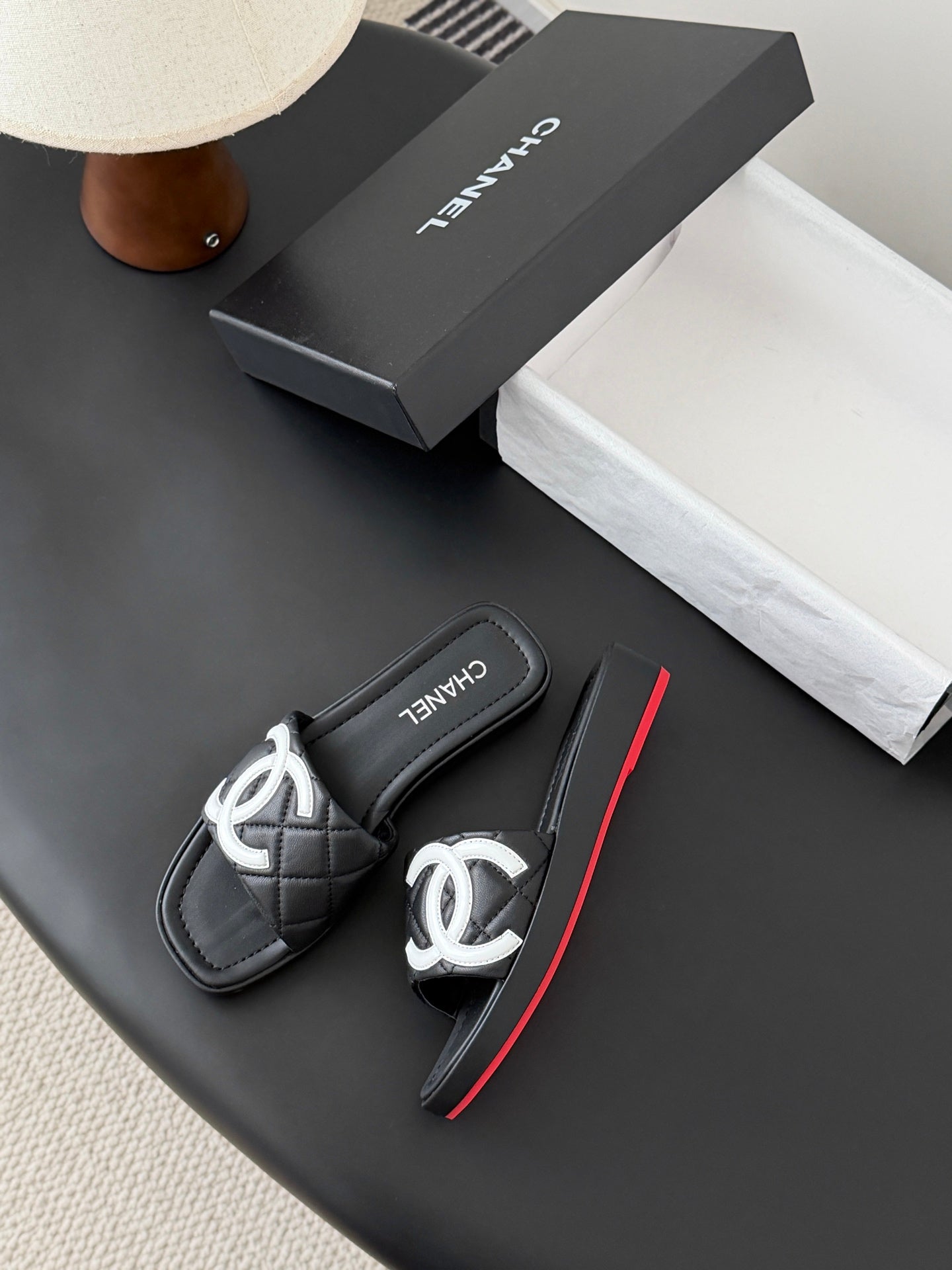 CC 26K Cambon Slippers Black Lambskin 670827