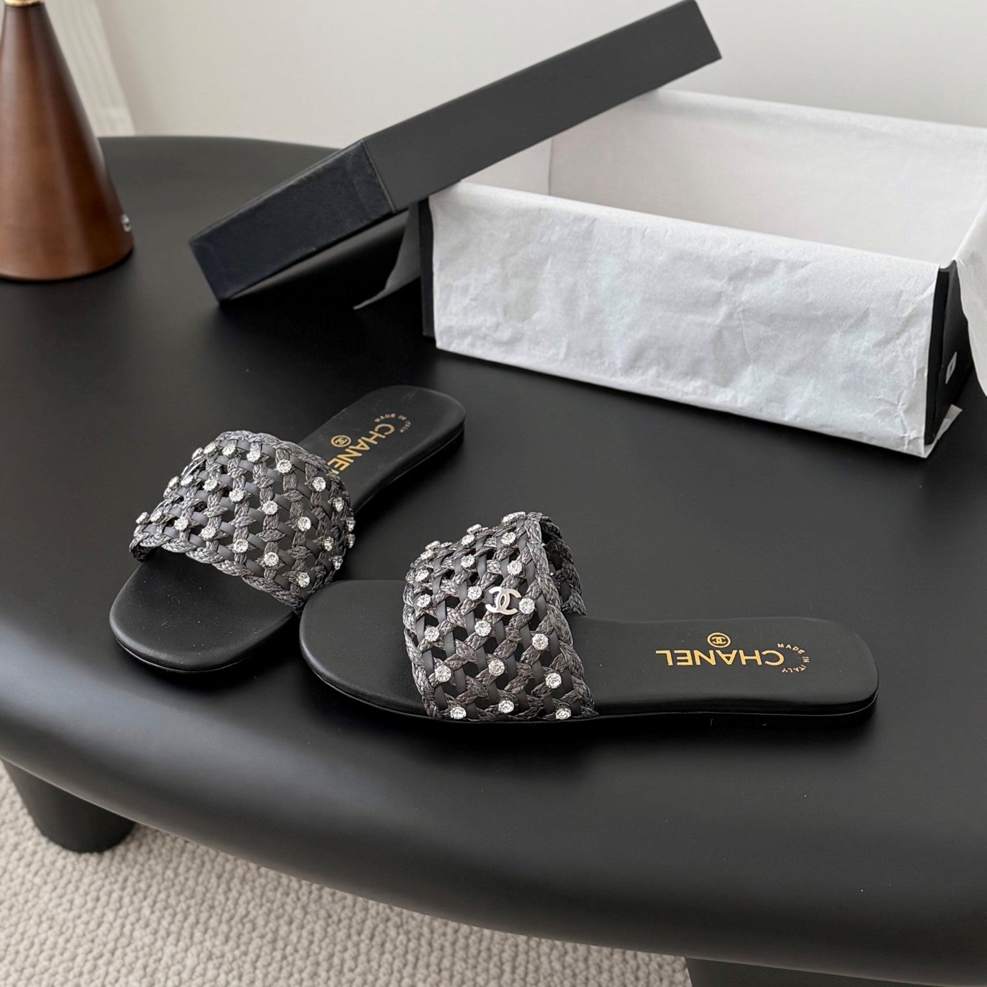 CC 26SS Slipper Black Woven Lambskin 670625