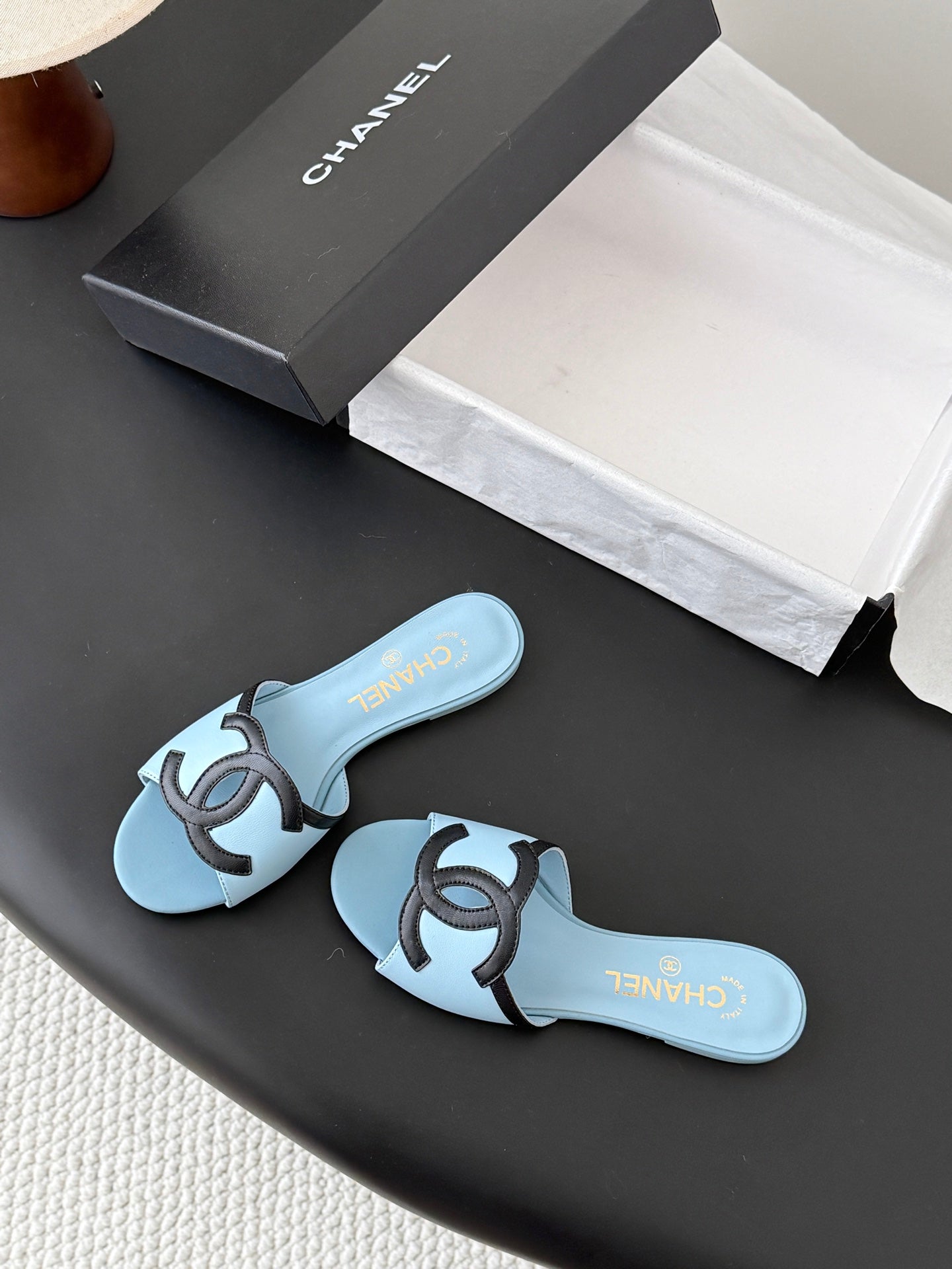 CC 2026 Flat Sandal Black Blue Lambskin 675866
