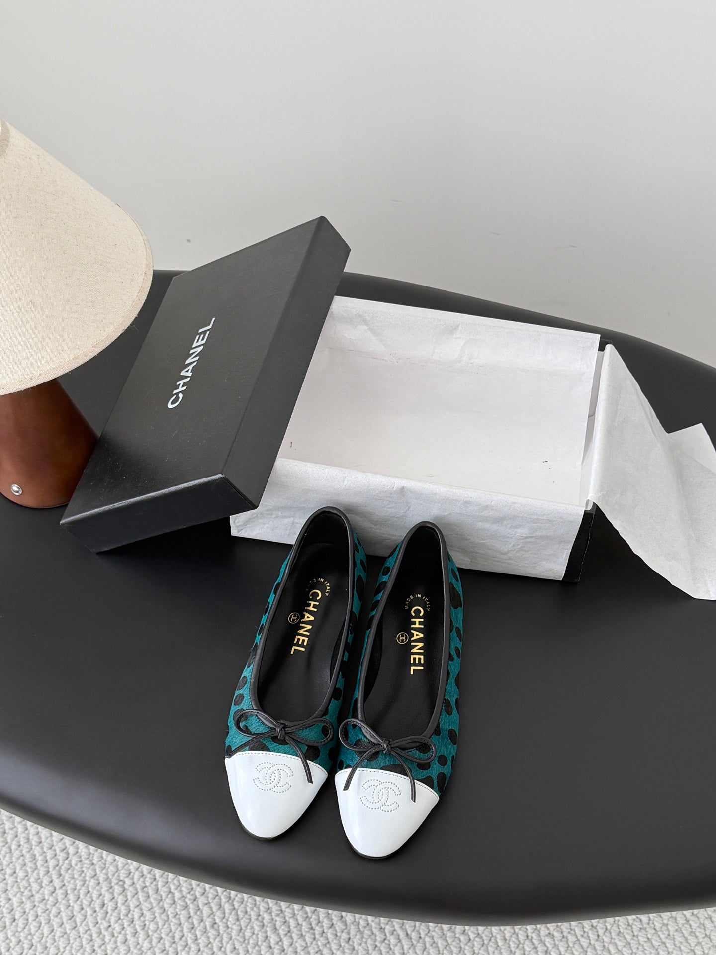 CC 26s Ballerina Flats Black Teal Green Pony Hair Calfskin 914547