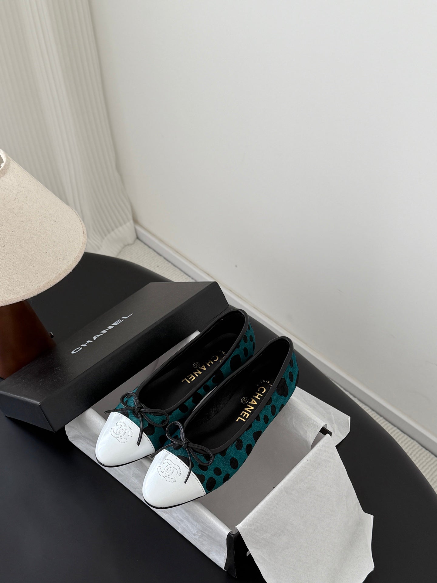 CC 26s Ballerina Flats Black Teal Green Pony Hair Calfskin 914547