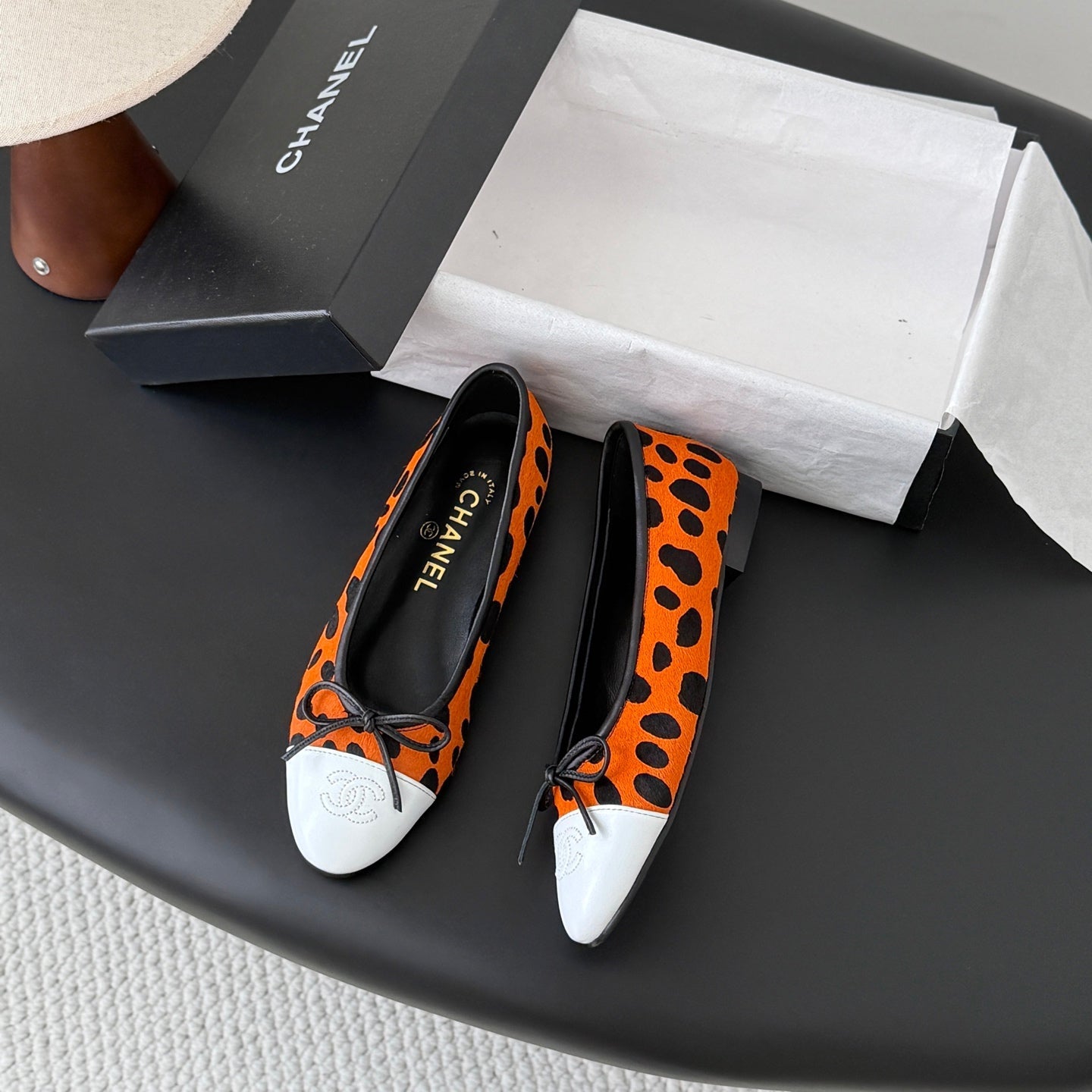 CC 26s Ballerina Flats Black Orange Pony Hair Calfskin 914550