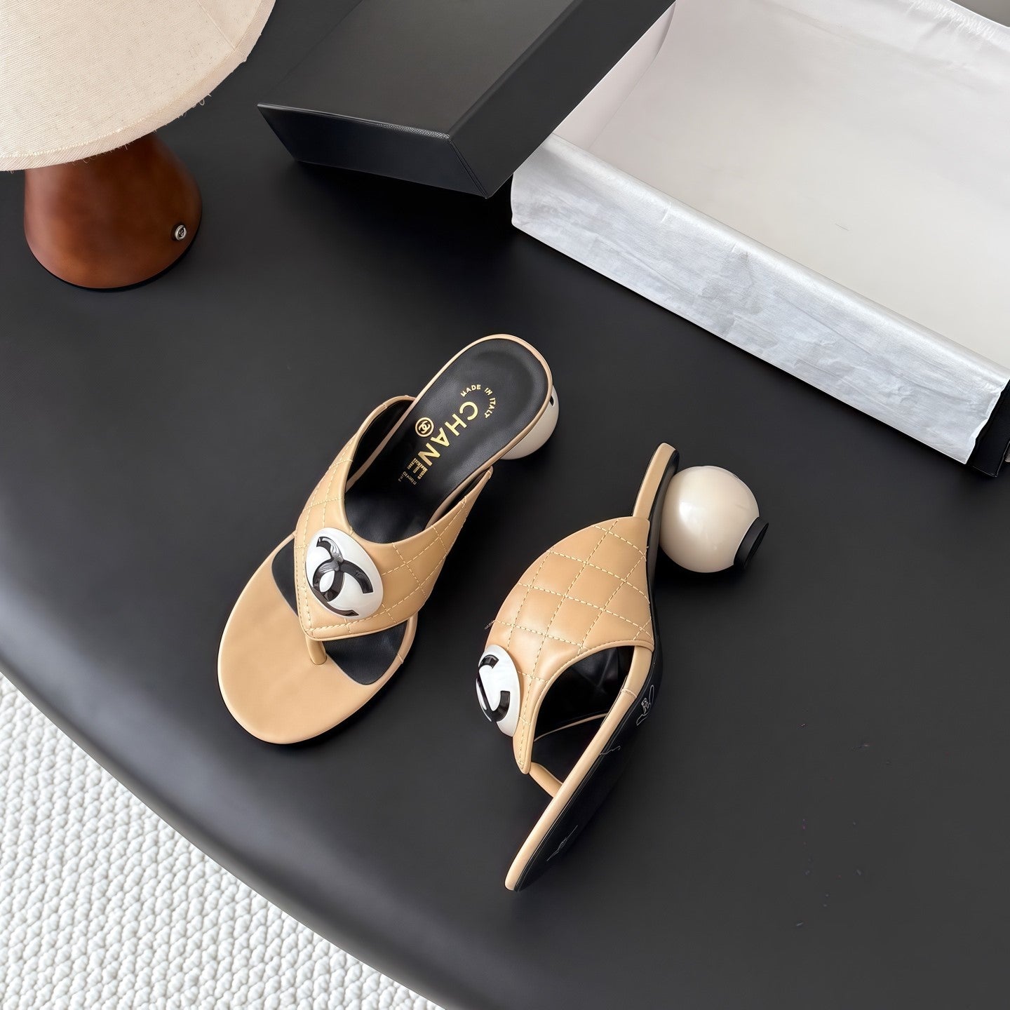 CC 26s Thong Sandals Spherical Heel Beige Sheepskin 964992