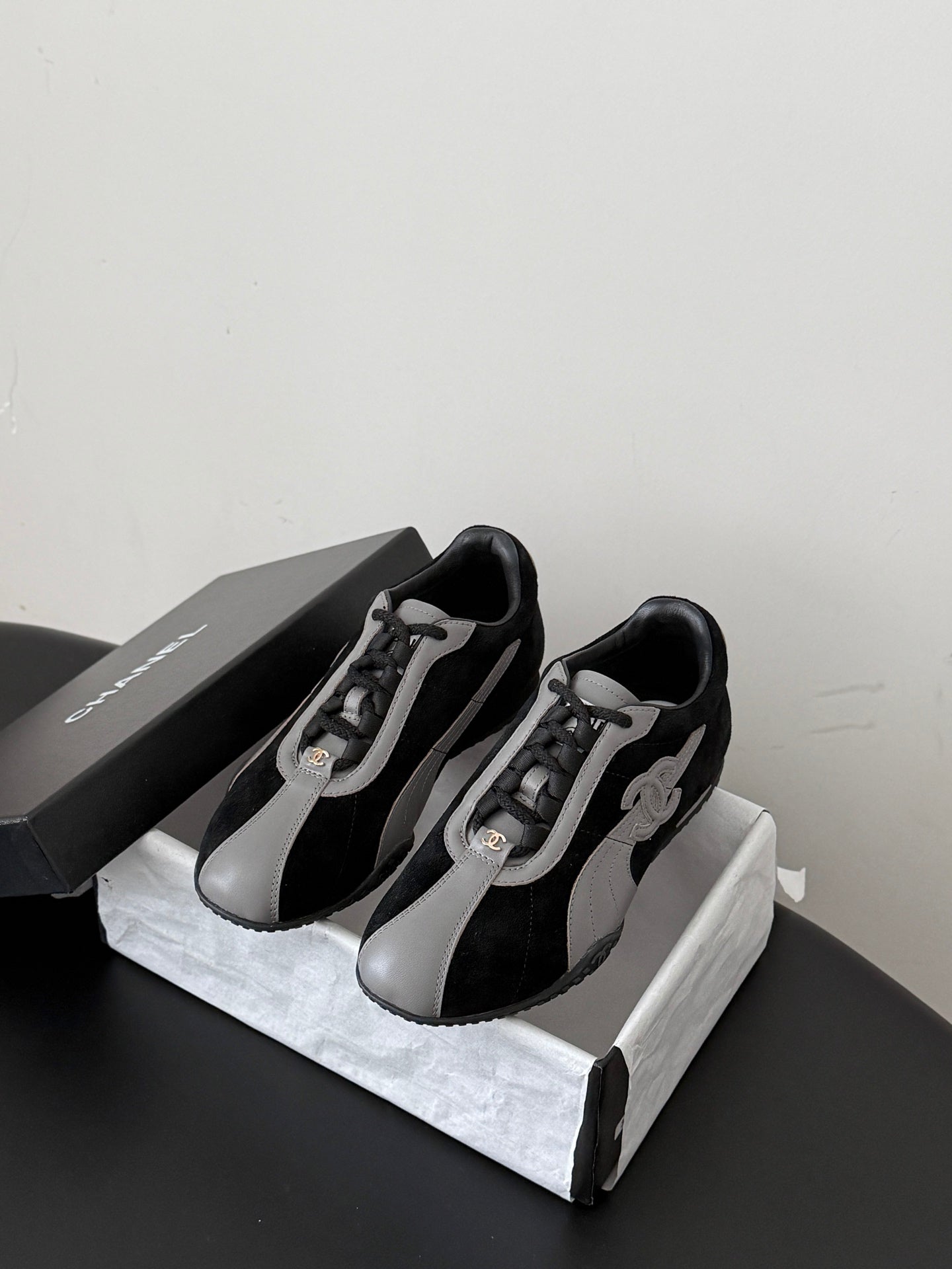 CC 26s Low-Top Retro Runner Sneakers Grey Black Suede Calfskin 969579