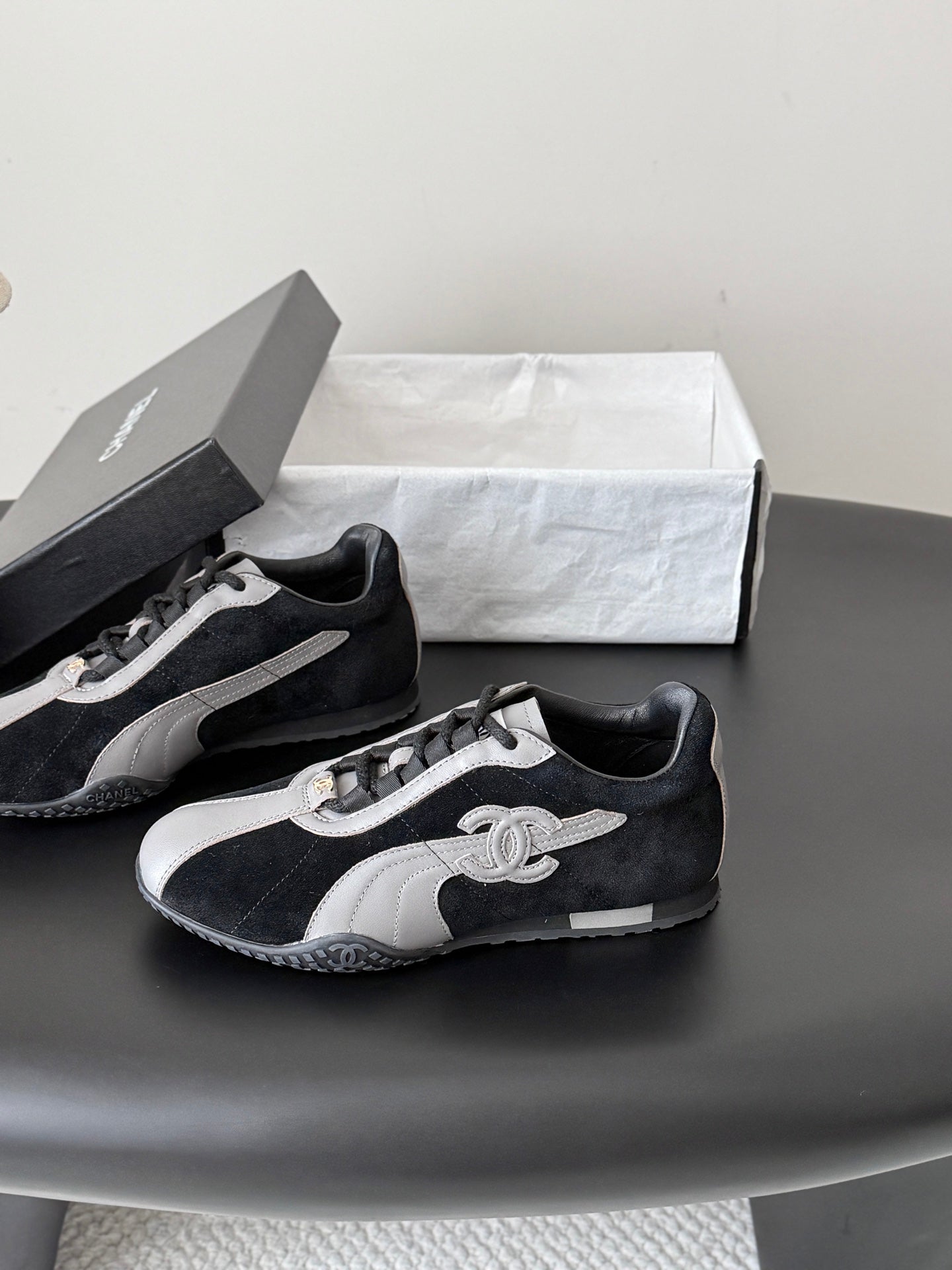 CC 26s Low-Top Retro Runner Sneakers Grey Black Suede Calfskin 969579