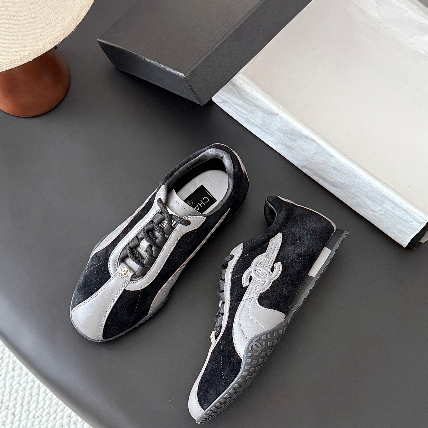 CC 26s Low-Top Retro Runner Sneakers Grey Black Suede Calfskin 969579