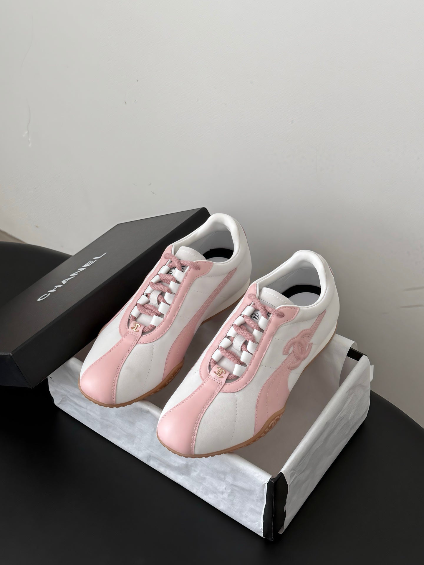 CC 26s Low-Top Retro Runner Sneakers Ivory Pink Suede Calfskin 969581